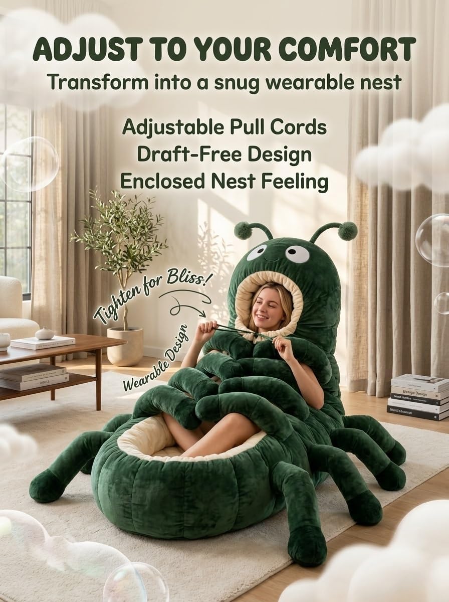 Hugging Caterpillar Sleeping Bag for Adults/Kids Humans, Giant Wearable Plush Lounger Pillow with Pull Cord, Soft Fuzzy Cocoon Snuggle Sack, Indoor Cozy Nap Mat Reading Nook Bedding