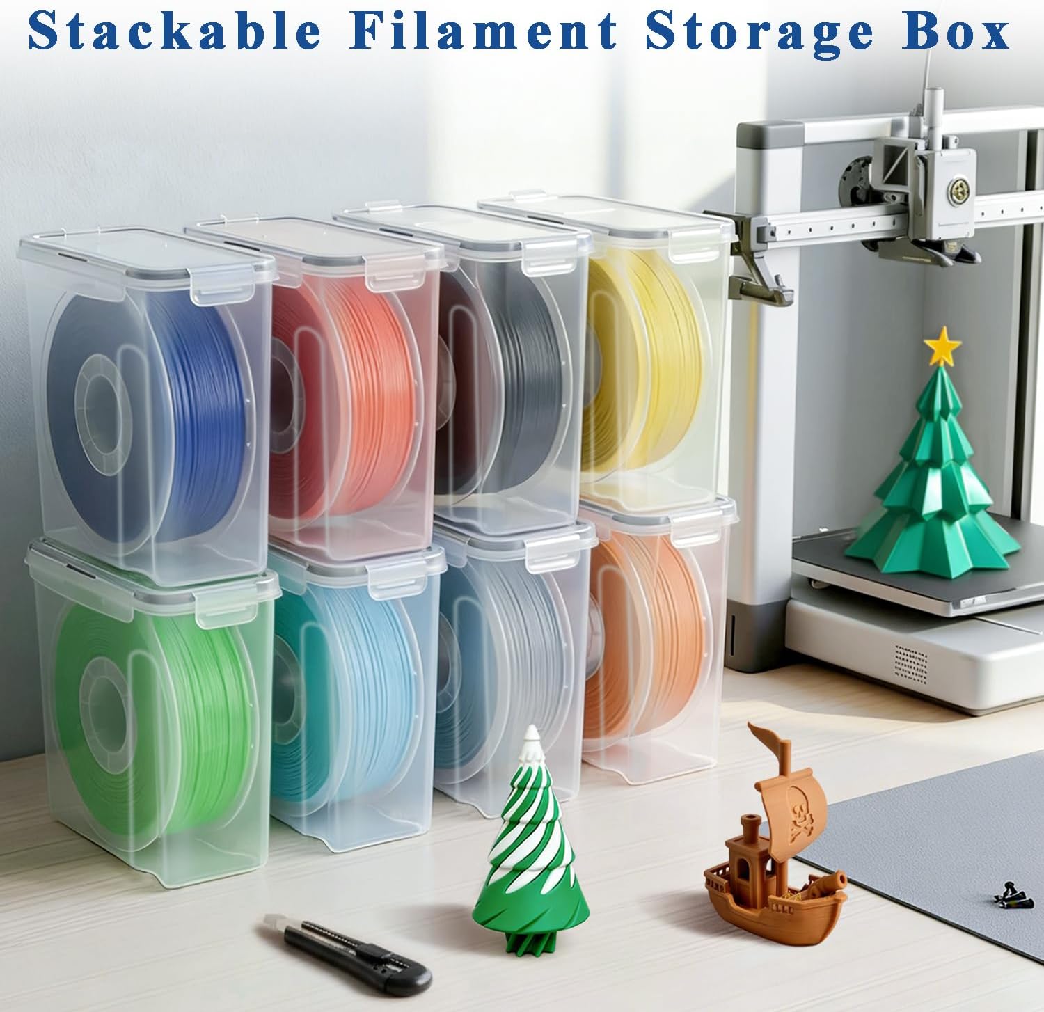 4 Pack Filament Storage Box, Filament Container for 3D Printing Filament with Desiccant & Labels, Water-Proof and Dust-Proof Dry Box, Stackable and Space-Saving 4.0L