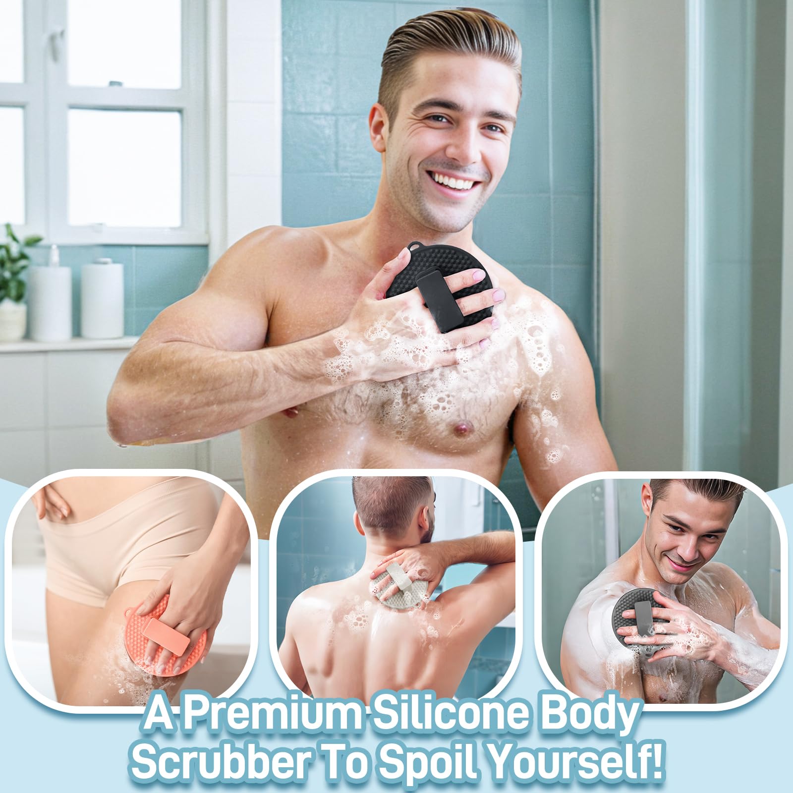 Juego de alfombrilla de silicona para pies de ducha y limpiador corporal de silicona, limpiador de espalda grande montado en la pared para limpiar, exfoliar y masajear sin doblarse (gris +