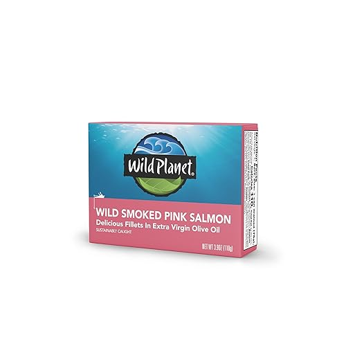 Wild Planet Filetes de salmón rosa ahumado salvaje en aceite de oliva virgen extra, pescado enlatado, salmón enlatado, capturado en estado silvestre