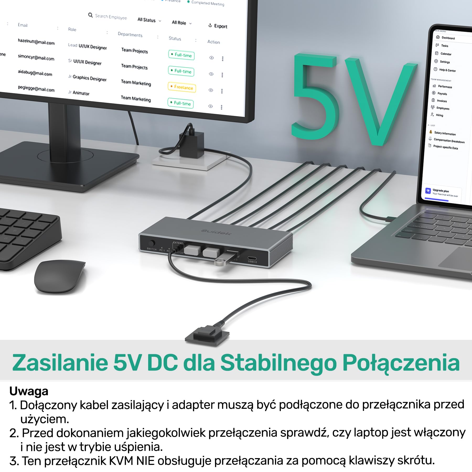 SUIDEK Przełącznik KVM USB-C+HDMI 2 w 1 wyjście 4K@60Hz Aluminium z portami USB 3.0 do podłączenia 1 laptopa i 1 komputera stacjonarnego 1 monitor, klawiatura, mysz i drukarka