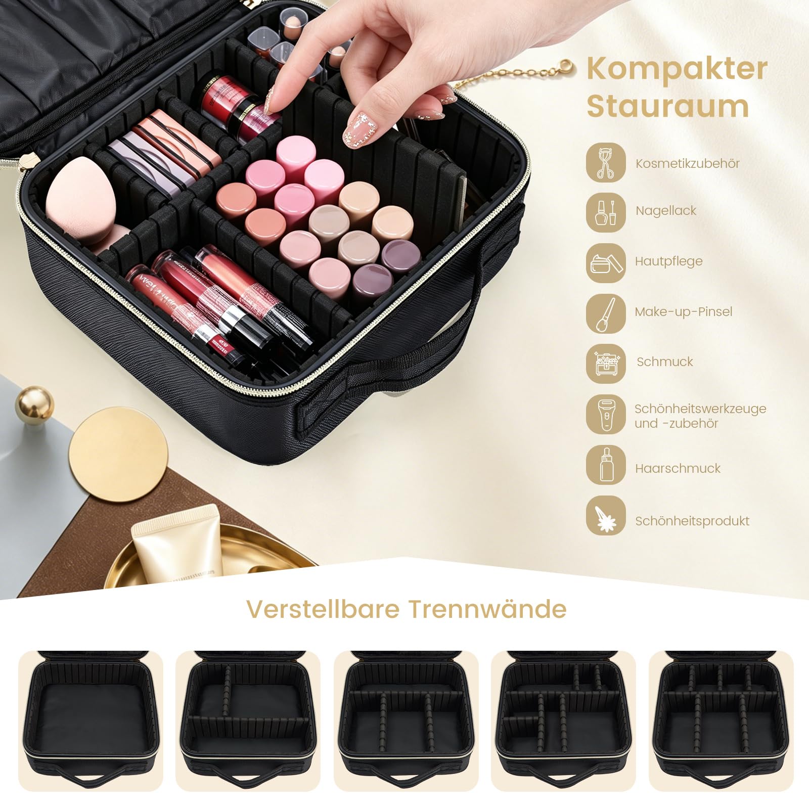 Kosmetiktasche Damen Make up Tasche Make up Koffer Kosmetikkoffer Kleine Schminktasche Schminkkoffer Make up Organizer Tasche Make up Bag mit Verstellbaren Teiler,Schwarz