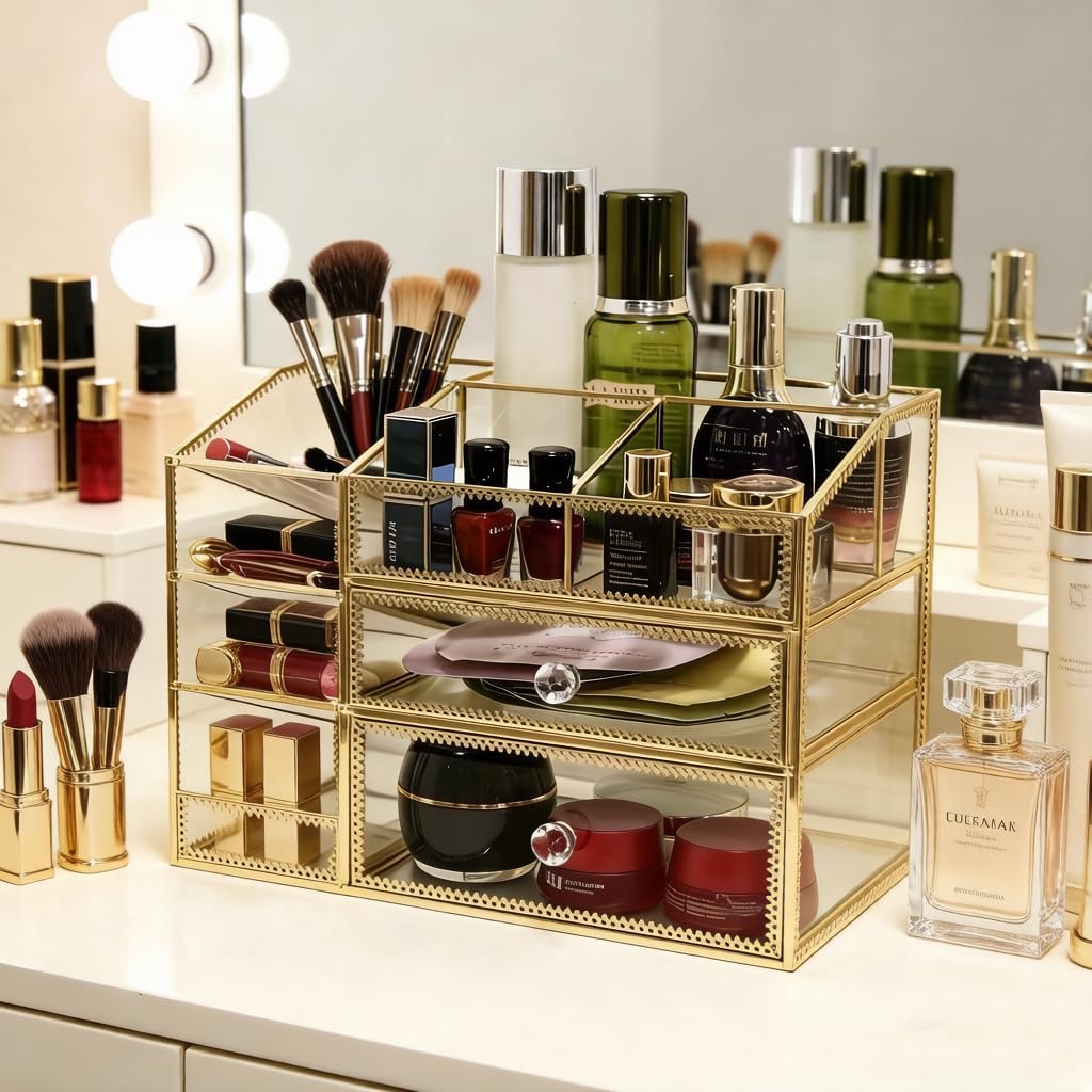 Hersoo Luxury Gold Trim Glass Makeup Organizer, 3-Tier Mirrored Vanity Dressing Table Storage Case for Skincare, Perfume, Lipstick, Brushes, Desktop Cosmetic Organizer