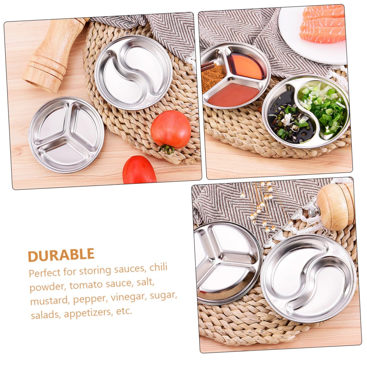 NAMOARLY 4pcs Stainless Steel Seasoning Dish Mini Plates Seasoning Dish Grid Appetizer Dish Dried Fruit Snacks Sauce Dishes Tray Appetizer Sauce Bowls Flavor Compartment Sauce Dish Silver