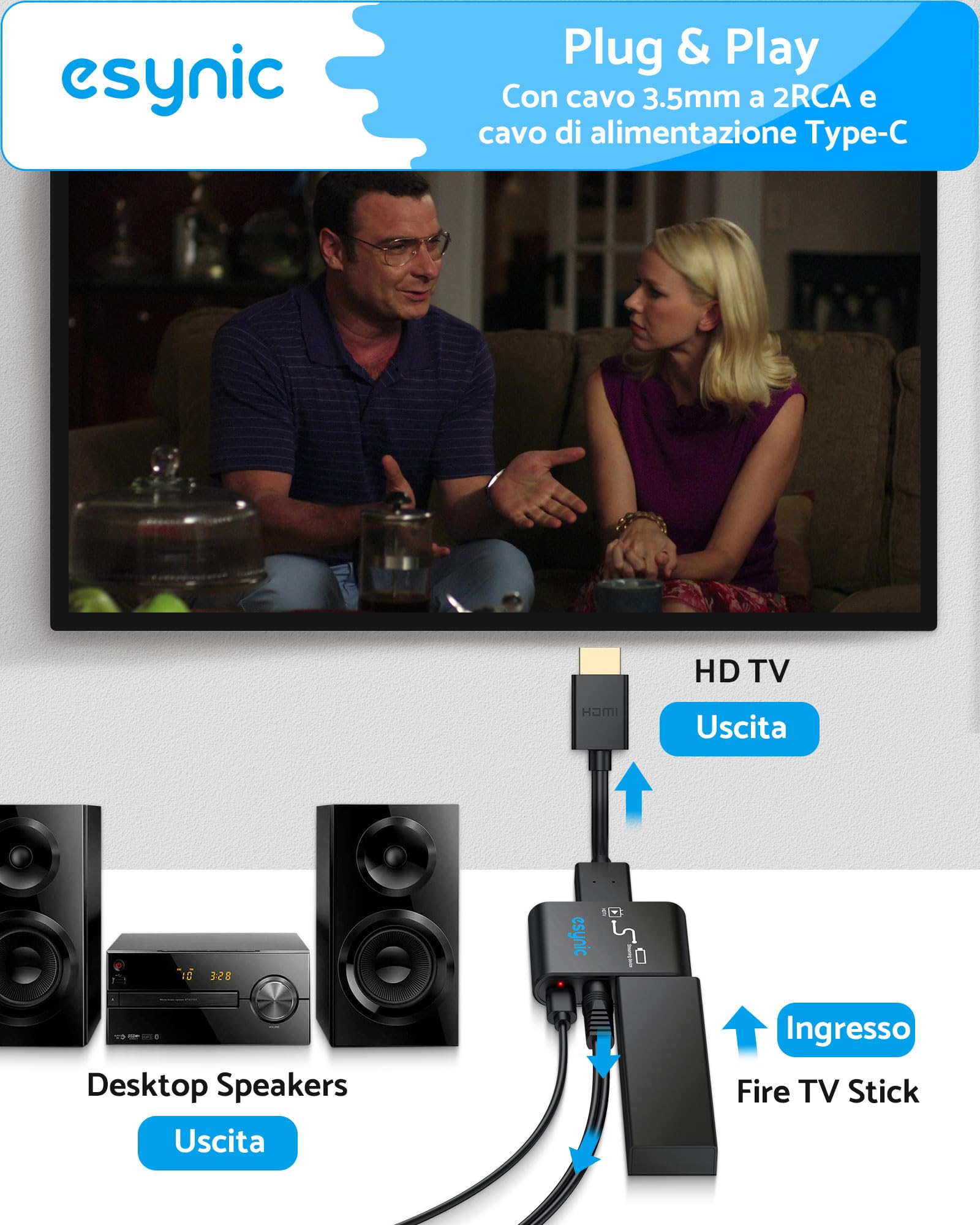 ESynic HDMI Audio Extractor Per Fire TV Stick 4K@30Hz, Uscita AUX 3.5mm Per Cuffie E Altoparlanti, Plug & Play, Cavo 3.5mm A 2RCA Incluso