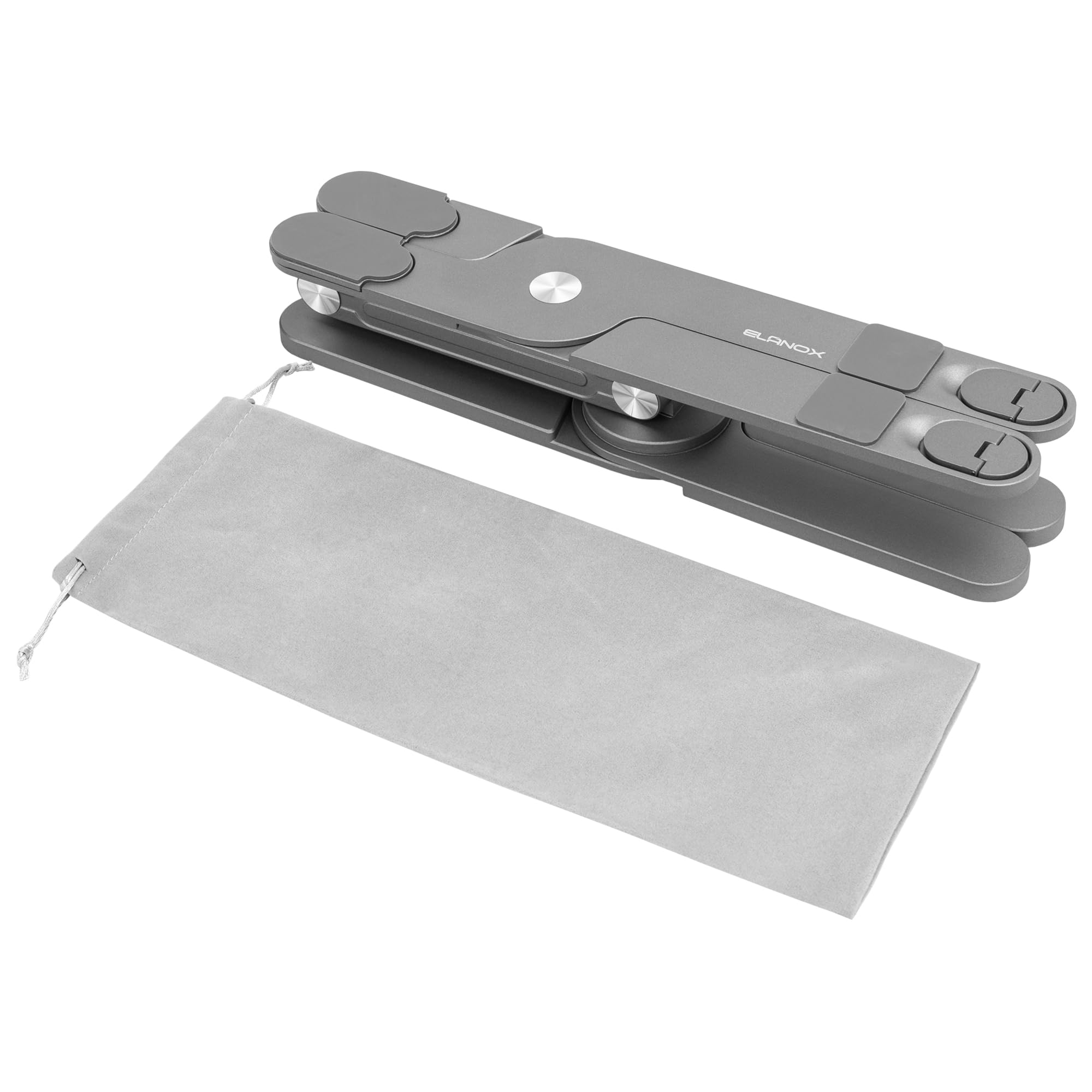 ELANOX Supporto Pieghevole Per Laptop E Tablet, MacBook, iPad, In Lega Di Alluminio Con Rotazione A 360°, Ergonomico, Portatile E Regolabile In Altezza (Grigio)