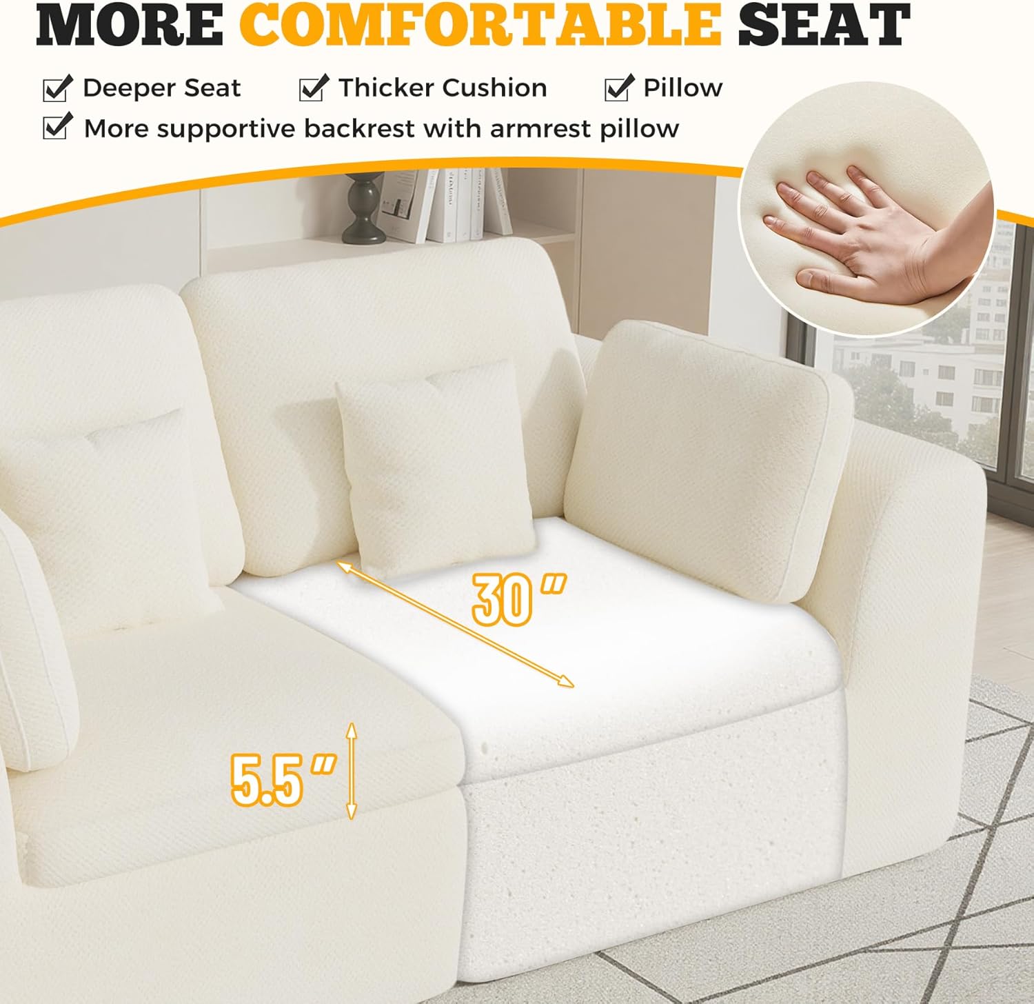 Luxanimarion Loveseat Sofa, Cloud Boneless Couches for Living Room, 2 Seater Modular Sectional Sofa,Oversized,Beige Chenille