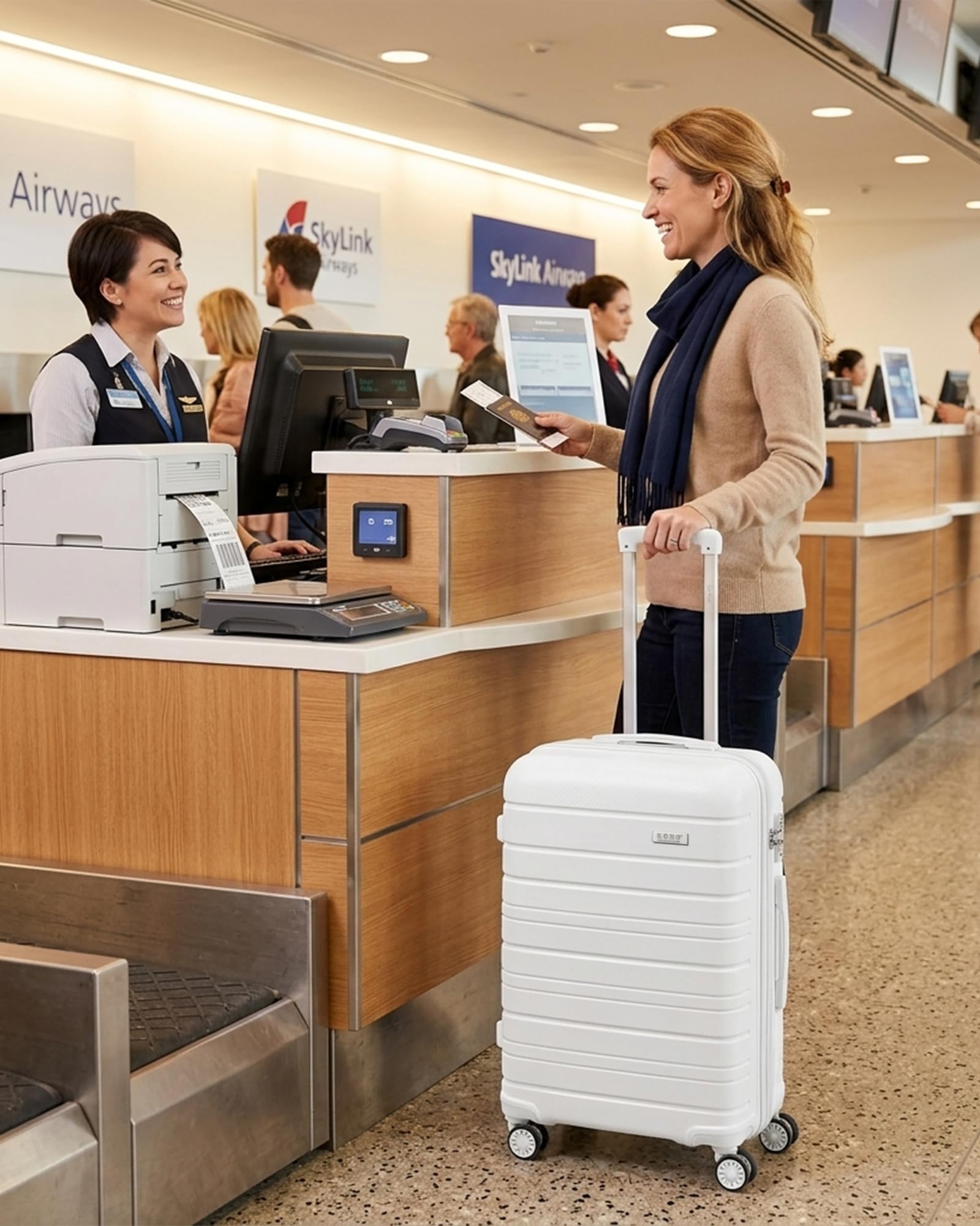 KONO Zwillingsrollen Reisekoffer TSA-Schloß 65cm Trolley Koffer Polypropylen Hartschale Rollkoffer mit YKK Reißverschluss (Weiß, L/66L)