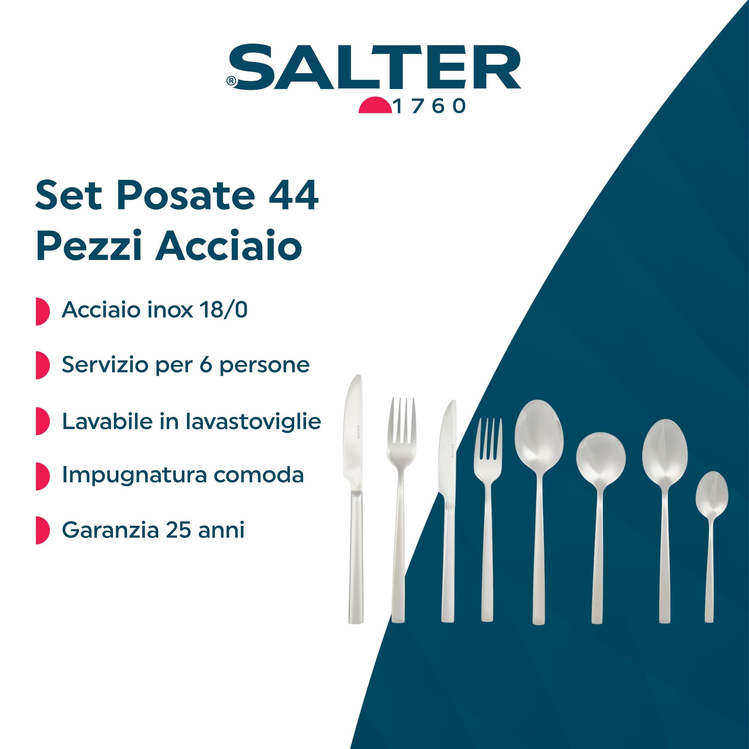 Salter BW12427EU7 Winslow 44 Piece Cutlery Set - Stainless Steel Silverware, Service for 6 People, Includes Knives, Forks, Teaspoons, Soup Spoons, Serving Spoons and Dessert Cutlery, 25 Year Guarantee