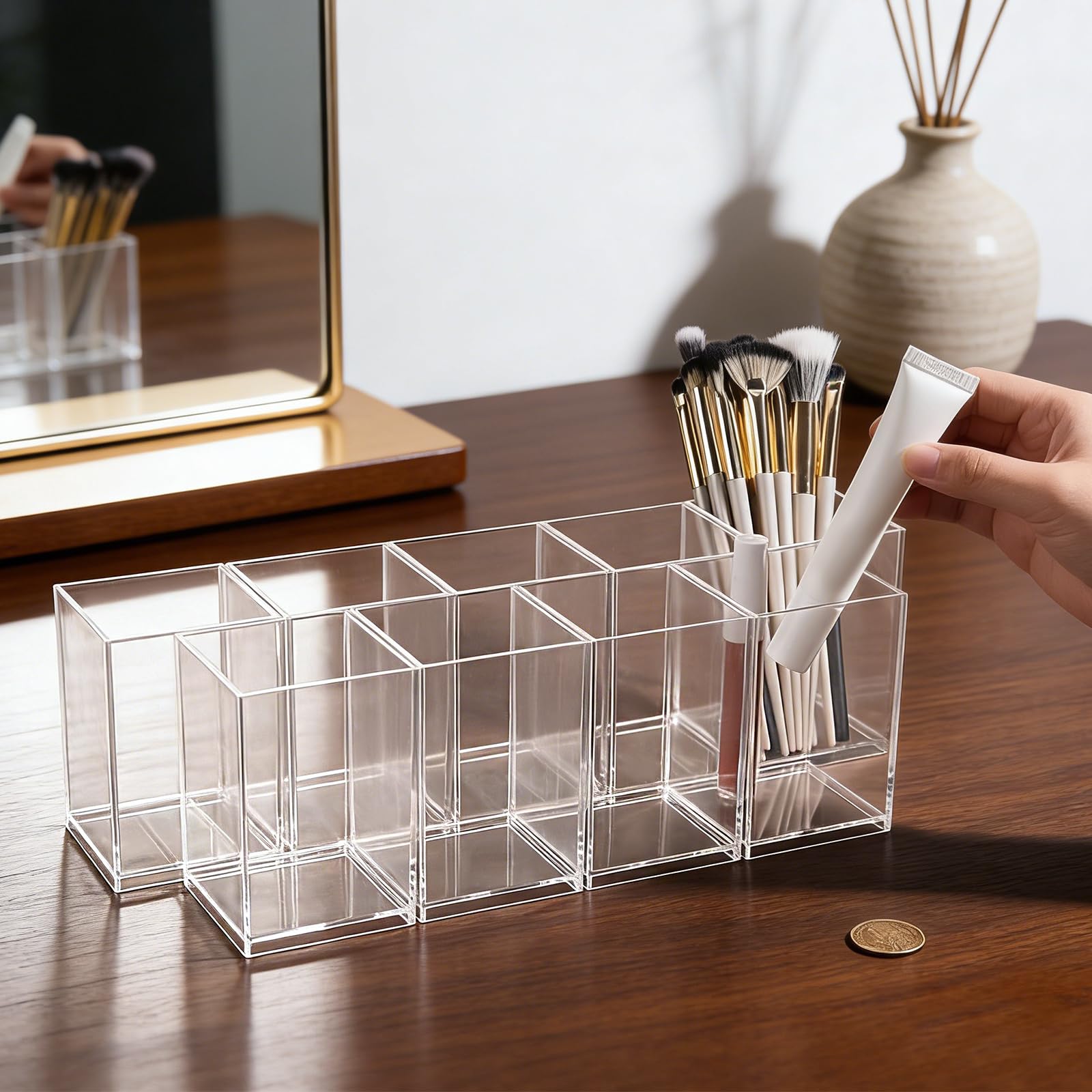 24 portapenne in acrilico trasparente, 6,5 x 6,5 x 9,8 cm, per pennelli da trucco, accessori da scrivania, portapenne in acrilico, per aula, scuola e ufficio