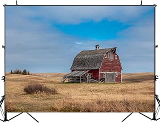 Photography Backdrop Photography Background an Abandoned red barn Wagon ramp Beside Gravel Road prairies for Photoshoot Portrait Photo Studio Video Prop Birthday Party Booth Decoration 7x5ft