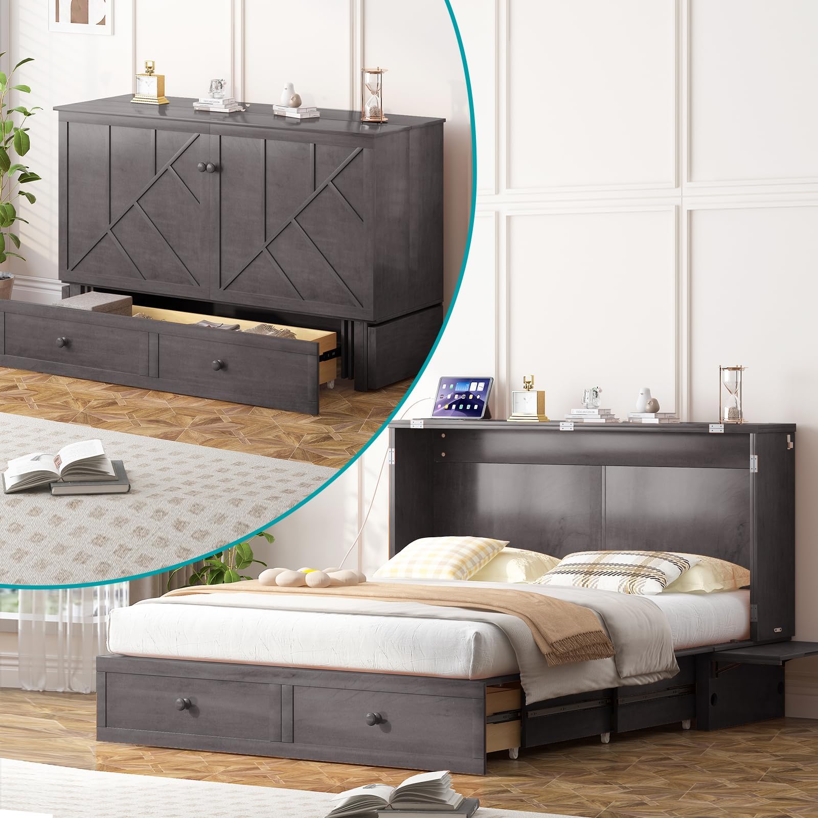- BALUS Queen Murphy Bed with Tri-fold Mattress, Solid Wood Cabinet Bed with 2 Storage Drawers, USB Charging Station and Foldable Trays, Space-Saving Murphy Beds for Living Room Bedroom, Dark Gray