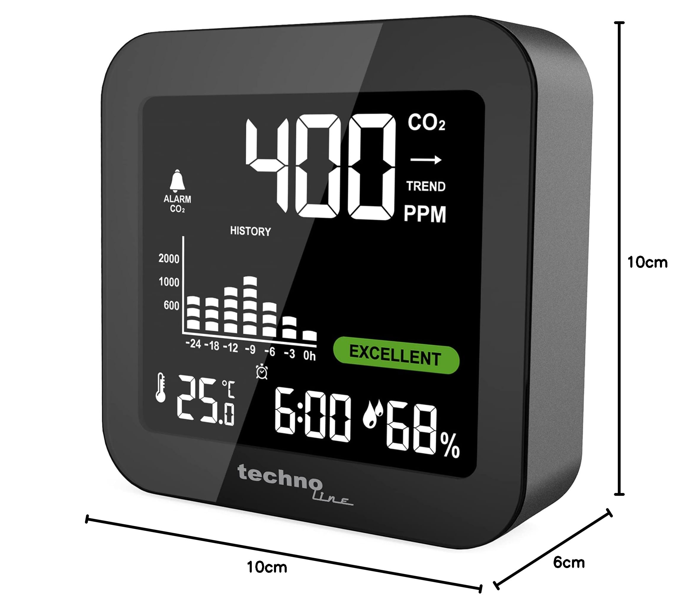 Technoline WL1025 CO₂ Messgerät Luftqualitätsmonitor CO2 Sensor 400-5000 ppm Temperatur Luftfeuchtigkeit 24h Historie CO2 Alarm Akku USB