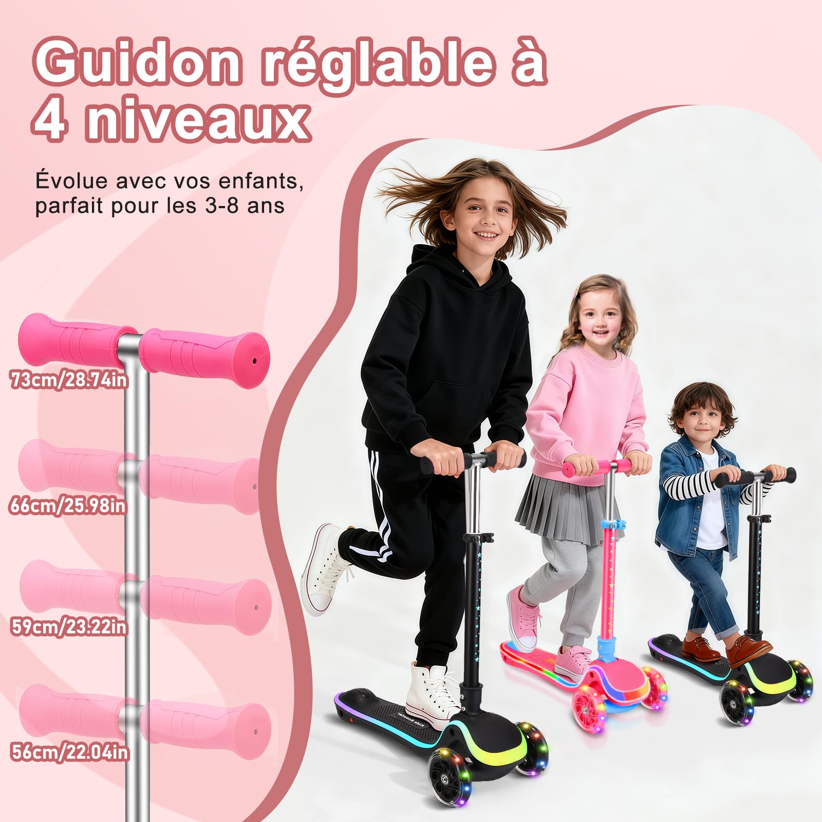 Trotinette Enfant 3 Roues de 2 à 10 Ans, Trottinette avec Siège 2 en 1, Trottinette Pliable avec Guidon Réglage en Hauteur et Roues LED, Scooter Antidérapant pour Filles et Garçons