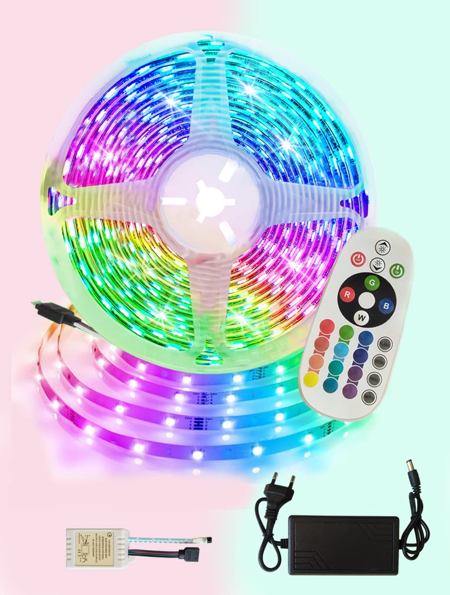 T&M Led Strip Lights 5m, RGB 5050 Color Changing LED Strip Lights with 24 Keys IR Remote, Led Lights for Christmas, Bedroom, Kitchen and Home Decoration.