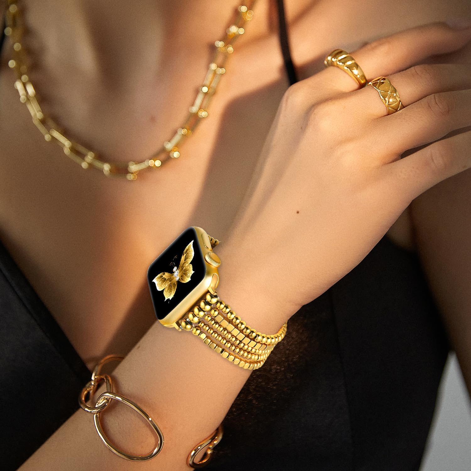 fastgo Gold Beaded Bracelet Band Compatible with Apple Watch Band 41mm/40mm/38mm/44mm/45mm/42mm/49mm Women, Dressy Elastic Stretchy Beaded Strap for Iwatch Series 9 Ultra 8 7 6 5 4 3 2 1 SE(Gold) - Image 6