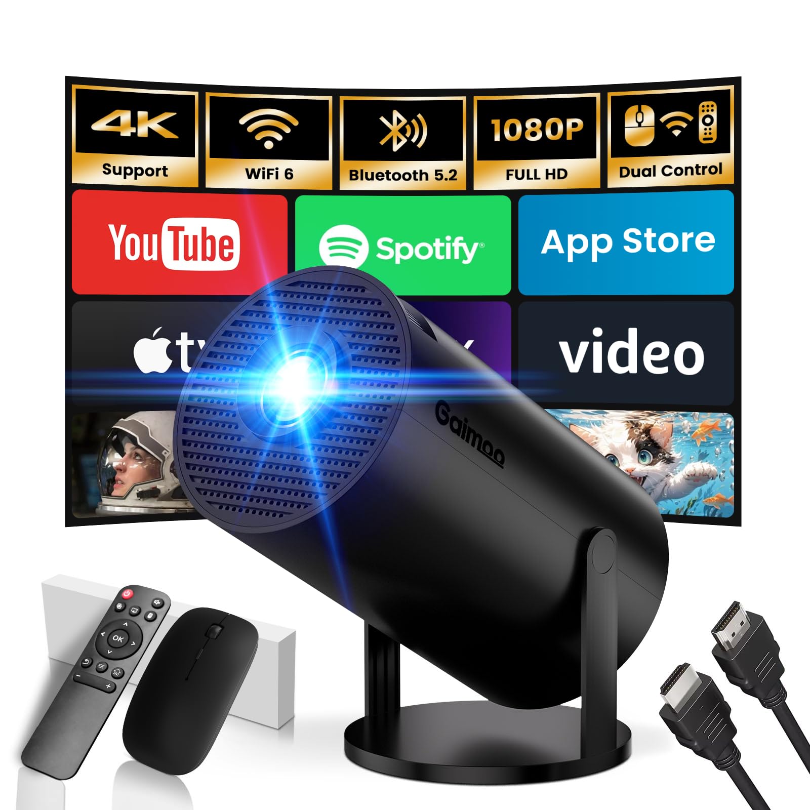 [2025 Modelo & App integrada] Proyector Portátil Soporte 4K 1080P Mini Proyector Dual Control con Ratón Android TV WiFi 6 BT5.2 180° Rotation Compatible con HDMI/TV Stick/USB/Laptop, Negro