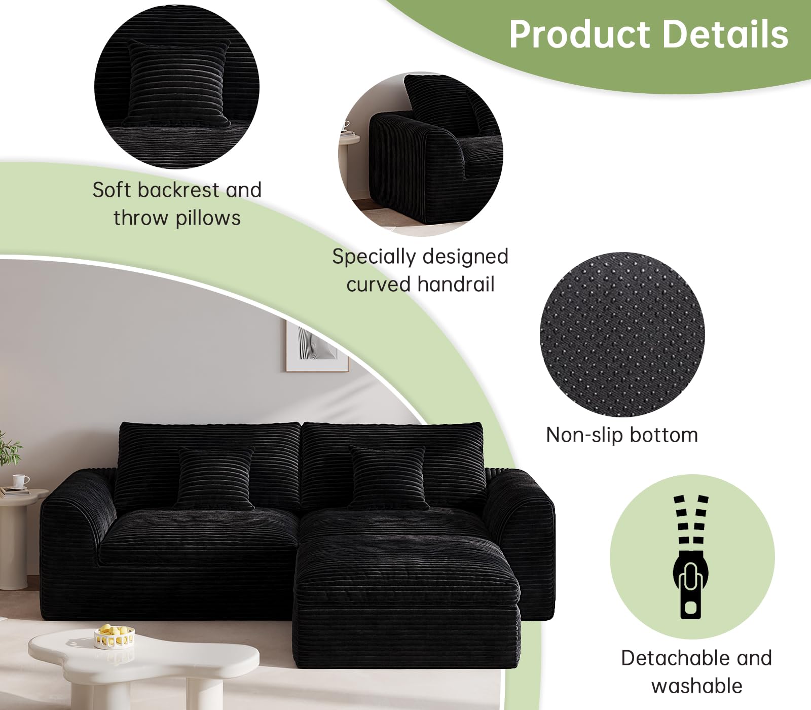 Boneless Couch 91" Cloud Sofa 3-Seater Sectional Couches for Living Room, L-Shape Sofa with Ottoman, Comfy Flannel Fabric Oversized Loveseat Recliner Lounge Chaise with 2 Throw Pillow (Black)