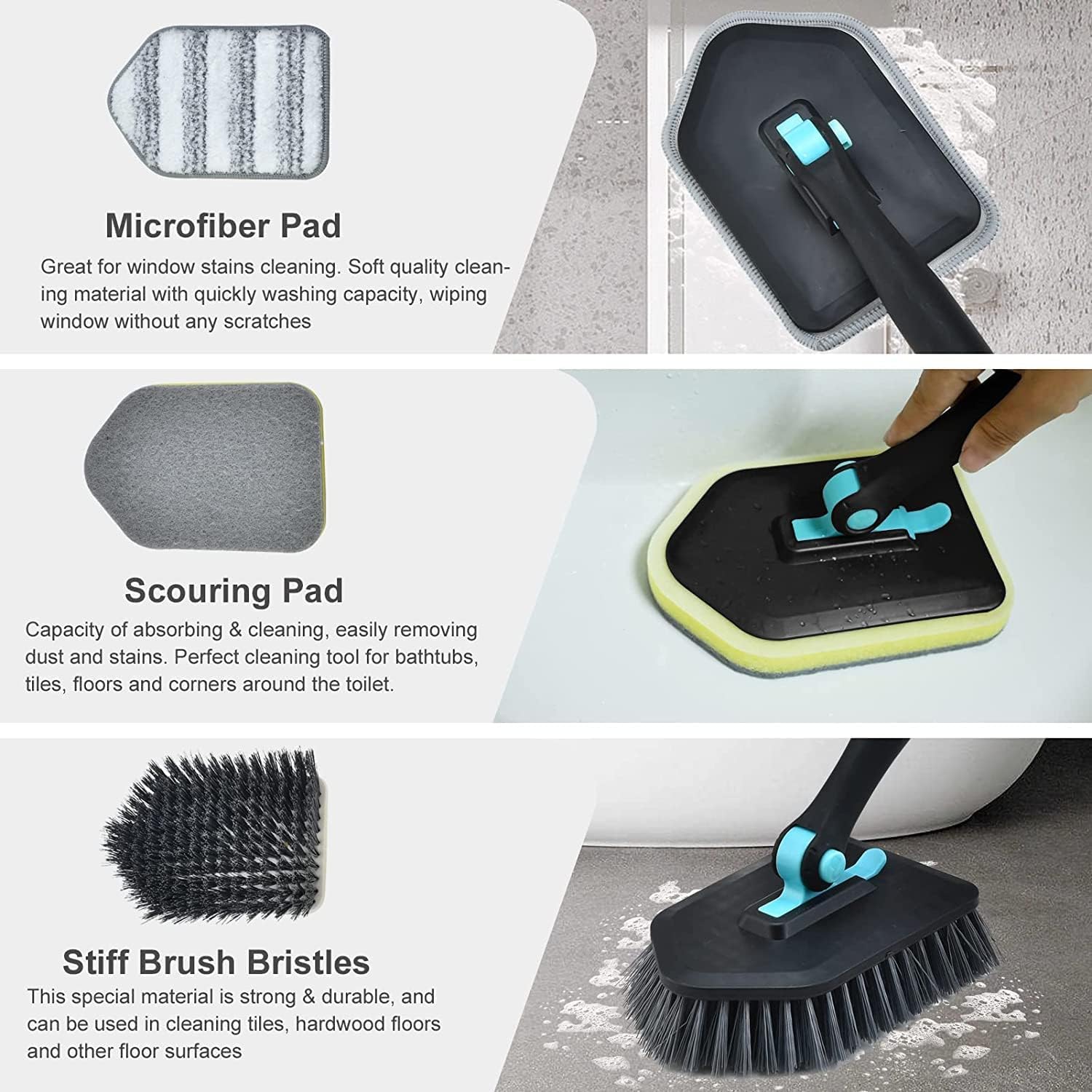 GLITZEN 3-in-1 Bathroom Cleaning Brush with Long Handle | Flexible Duster with Bristles, Microfiber & Scrubber Heads for Tiles, Bathrooms, Windows – 58.2” Telescoping Pole, Detachable Heads (Multi) 3