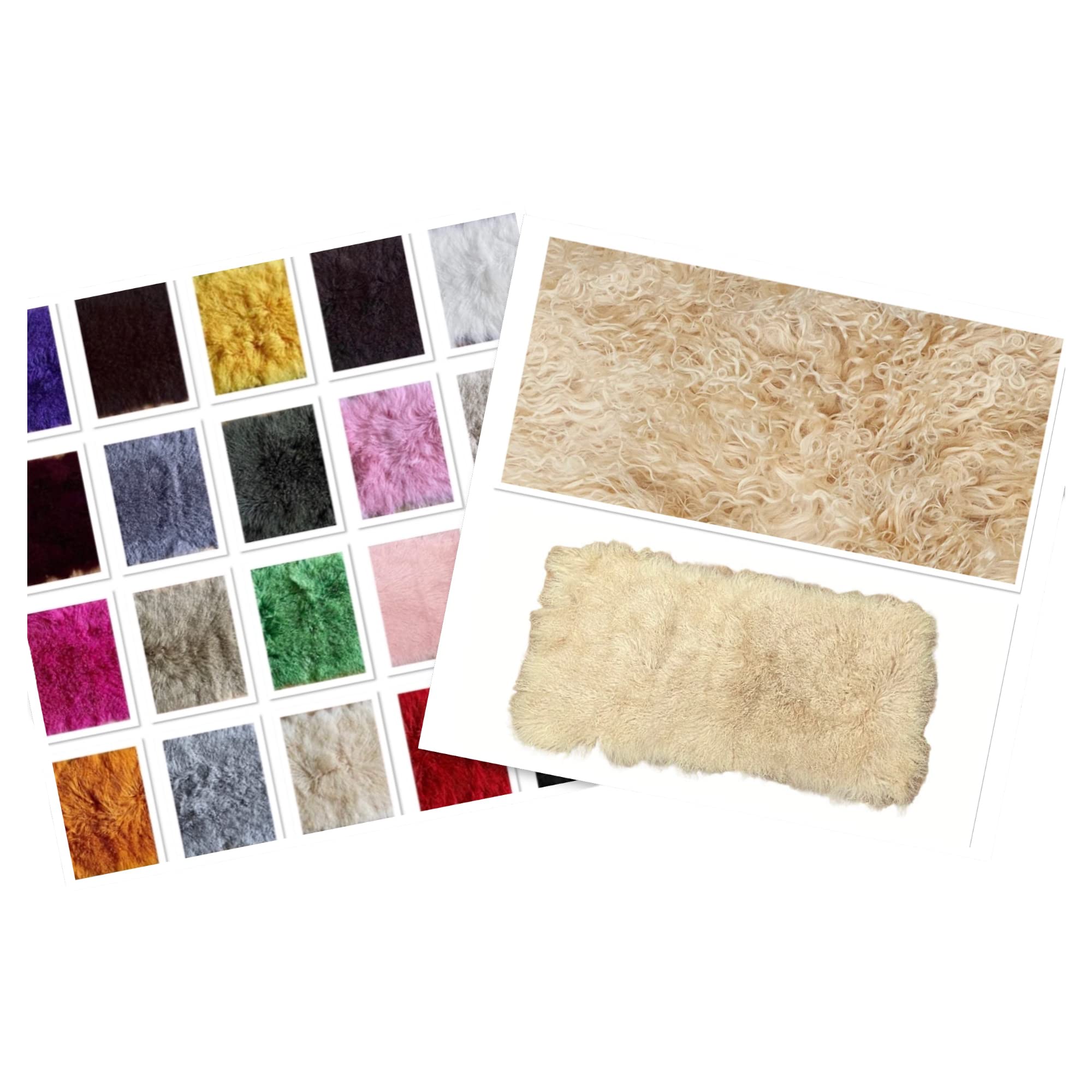 Plato de piel de oveja mongol – cordero tibetano, tamaño: 120 cm de largo – 55 cm de ancho * cosido a mano, increíblemente suave y esponjoso con un rizado natural. (beige)