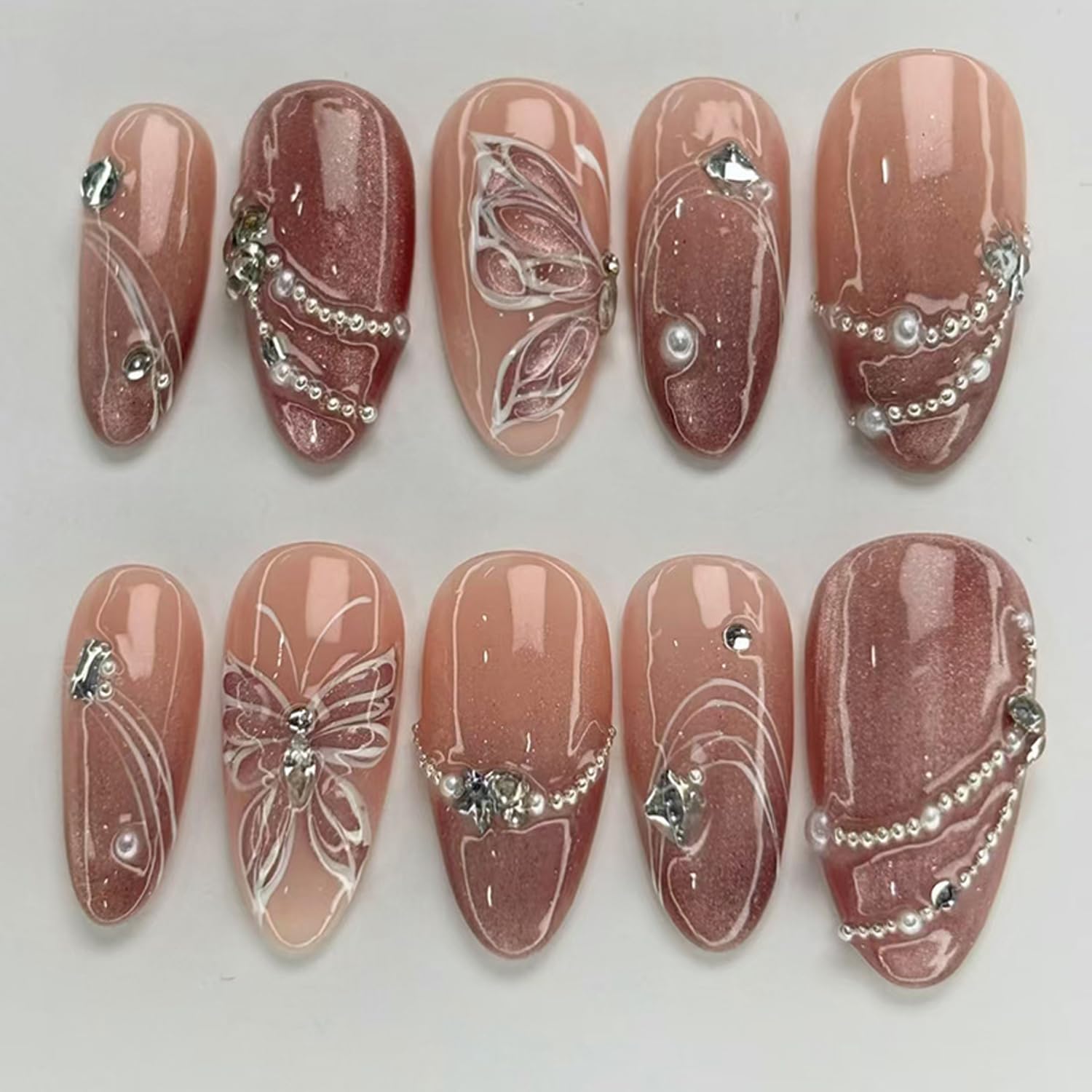White Butterfly Press on Nails Medium Almond Fake Nails Pink White Gradient False Nails with Glitter Design Nails 3D Shiny Rhinestone Pearl Stick on