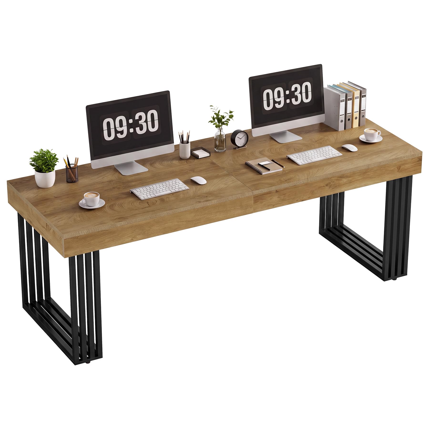 Tribesigns 200 cm Large Double Computer Desk, Industrial 2 Person Writing Desk, Sturdy Metal Frame Office Work Table, Wooden Gaming Desk for Home Office, Study Workstation, Rustic
