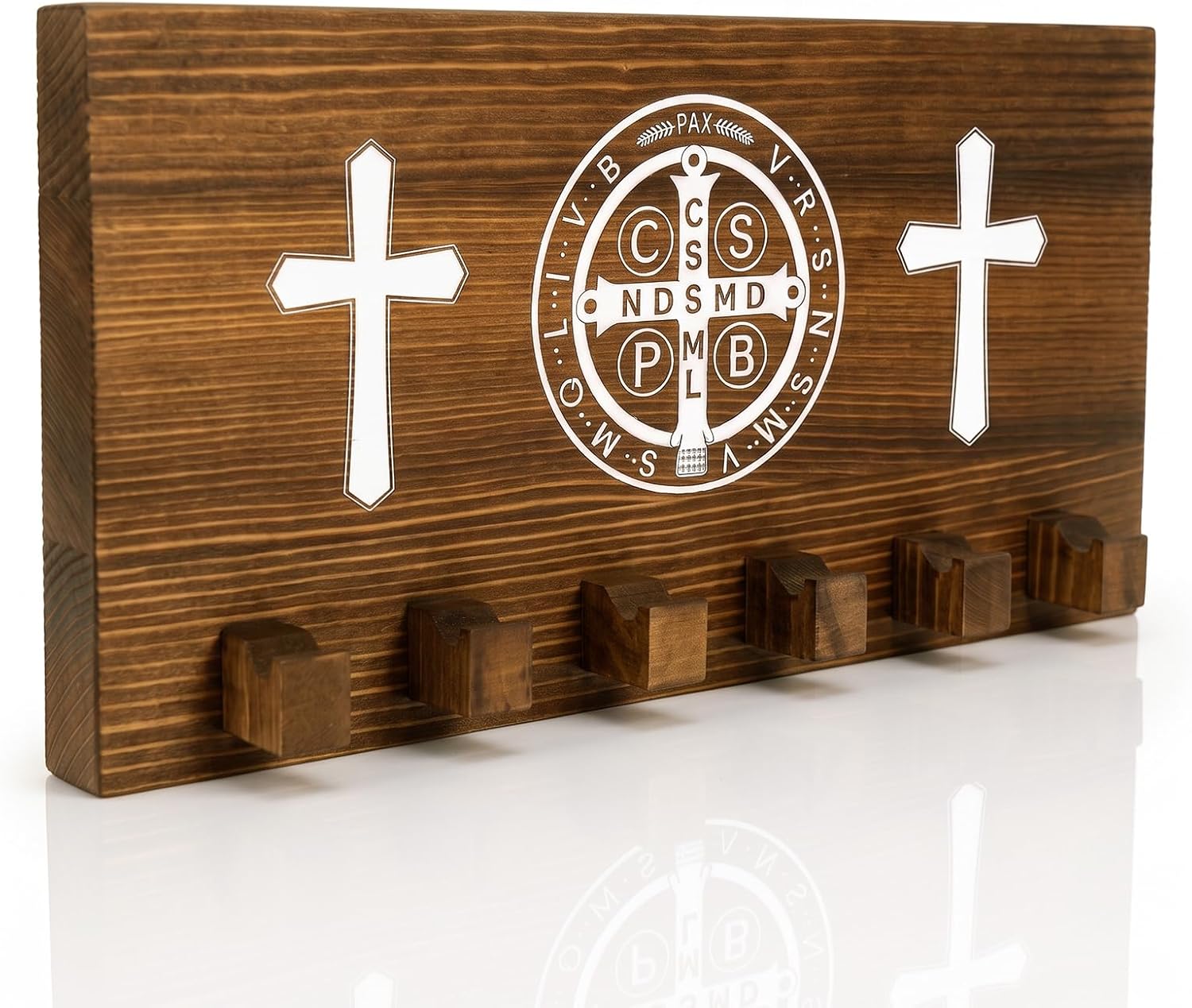 Saint Benedict Medal Wooden Rosary Holder with 6 Hooks, Rustic Brown