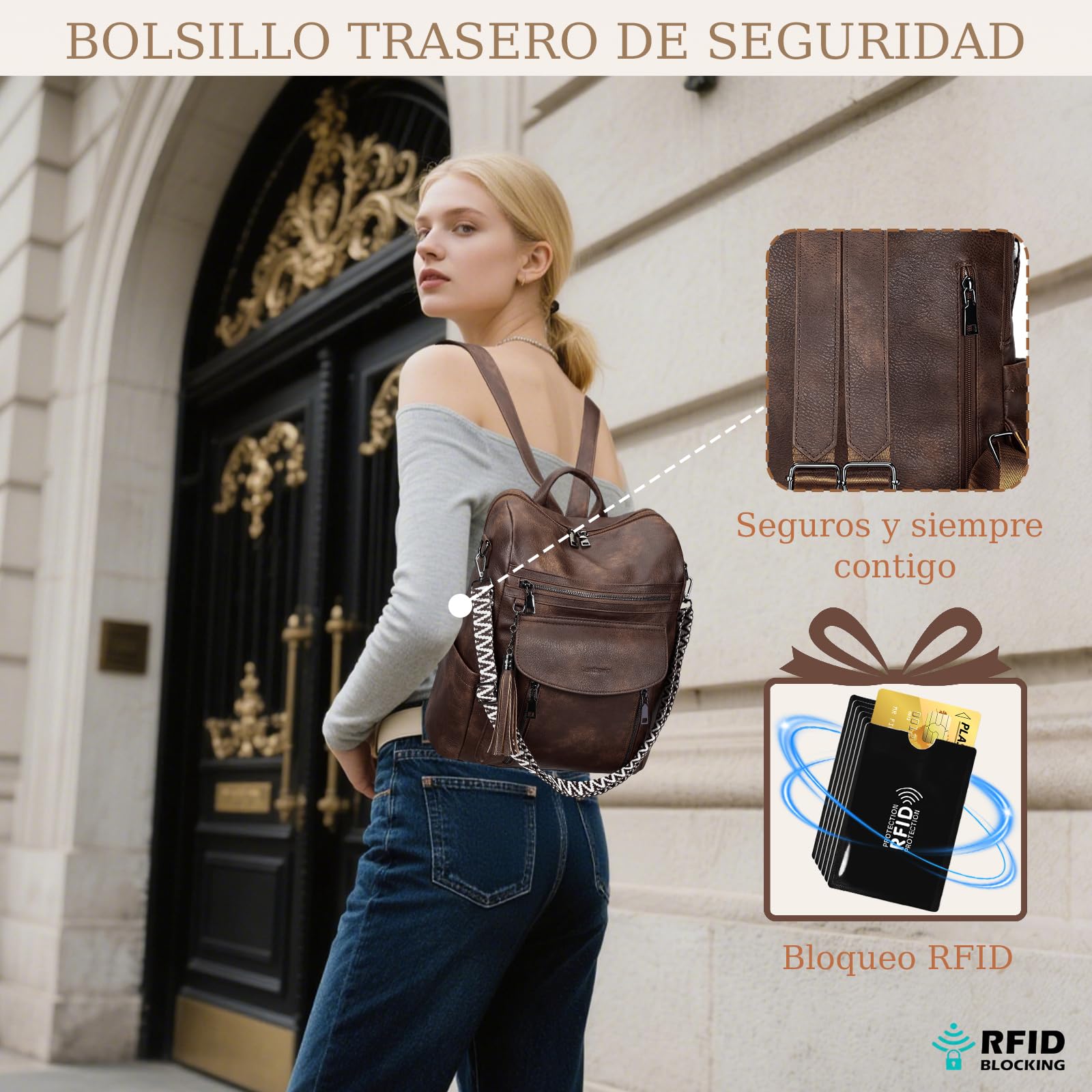 Leathario Mochila de Cuero Vegano Impermeable y Antirrobo para Mujer, Elegante Mochila para Portátil, Oficina, Universidad y Viaje, Negro Carbón