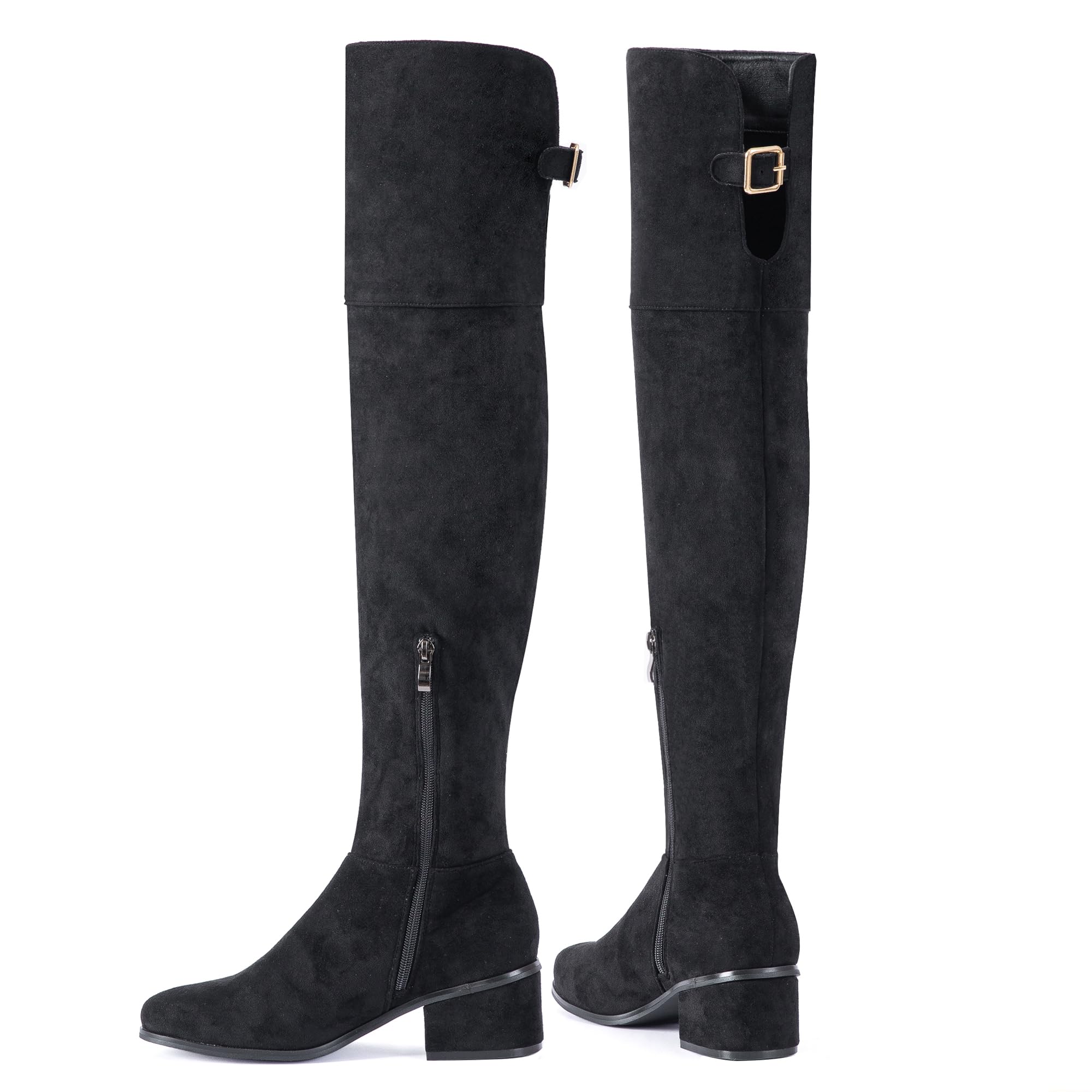 N N G Women Over The Knee Boots Brown Black Stone Suede 2 Inch Block Heel with Adjustable