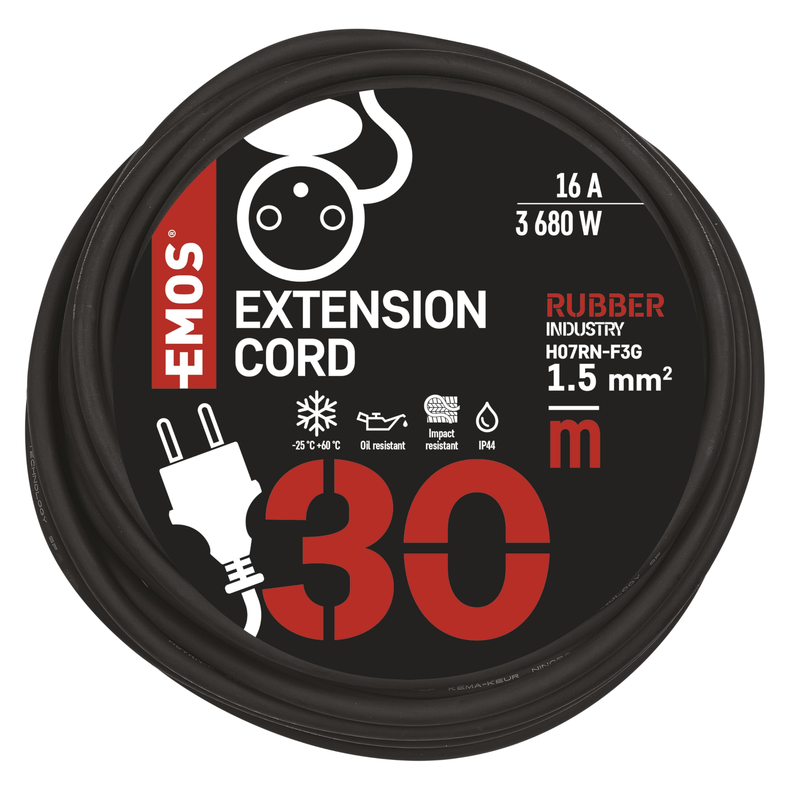 EMOS rallonge IP44 30 m, 1 Prise française, extérieur, 16 A 3680 W