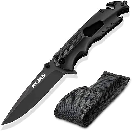 Wlikn Cuchillo de bolsillo para hombres, 5 en 1 multiherramienta plegable con interruptor de vidrio, cortador de cinturón de seguridad, llave