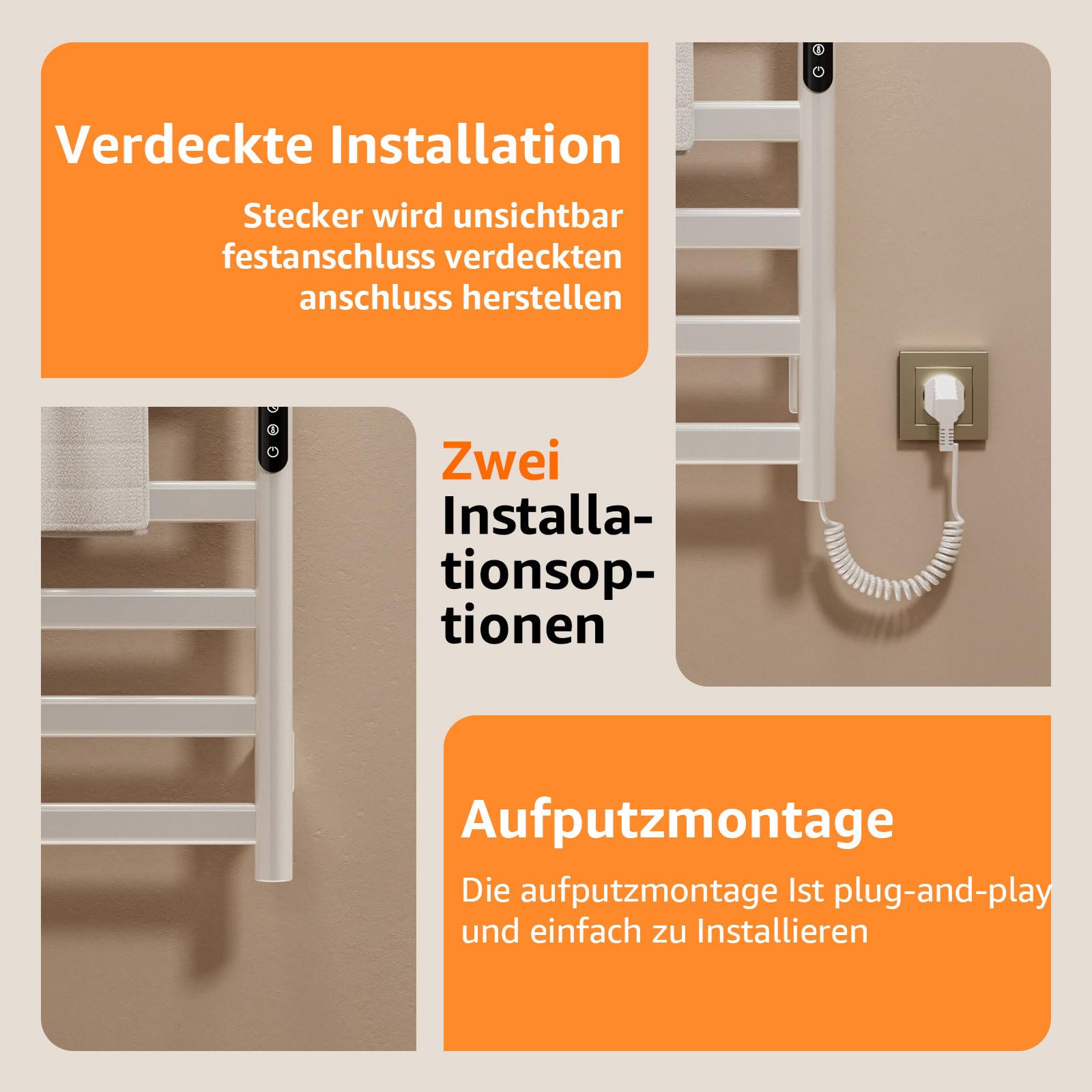 Handtuchheizkörper Elektrisch, 50 x 100cm Badheizkörper Elektrisch, 285W Elektrischer Handtuchtrockner mit LED-Touchscreen, Timer und Temperaturregelung, IPX4 Elektrischer Handtuchwärmer, Weiß