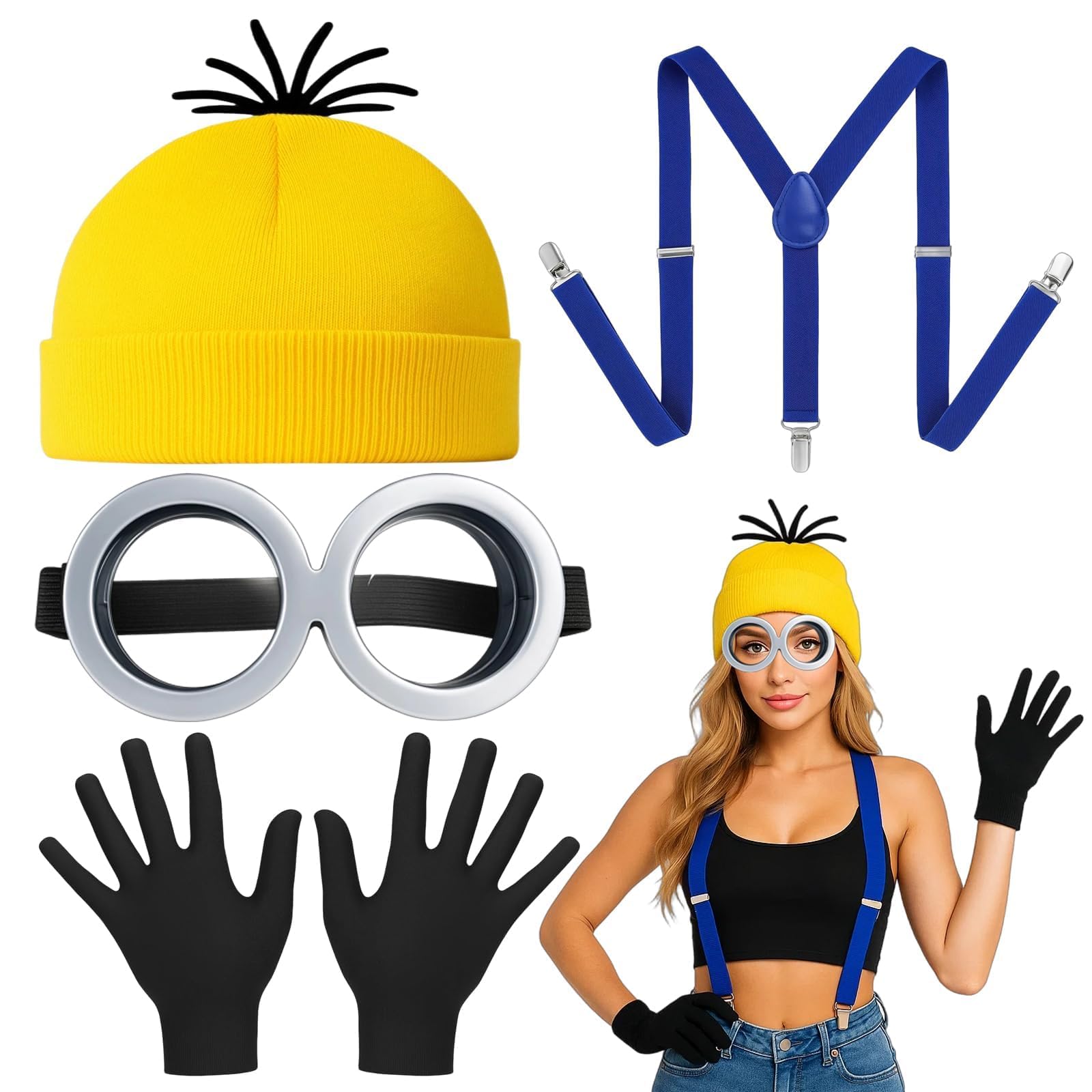 4 Pcs Funny Halloween Costumes Adults, Fancy Dress Set with Steampunk Goggles Glasses Yellow Knitted Hat Black Gloves Shoulder Straps, Suitable for Halloween Role-Playing Carnival Party Costumes