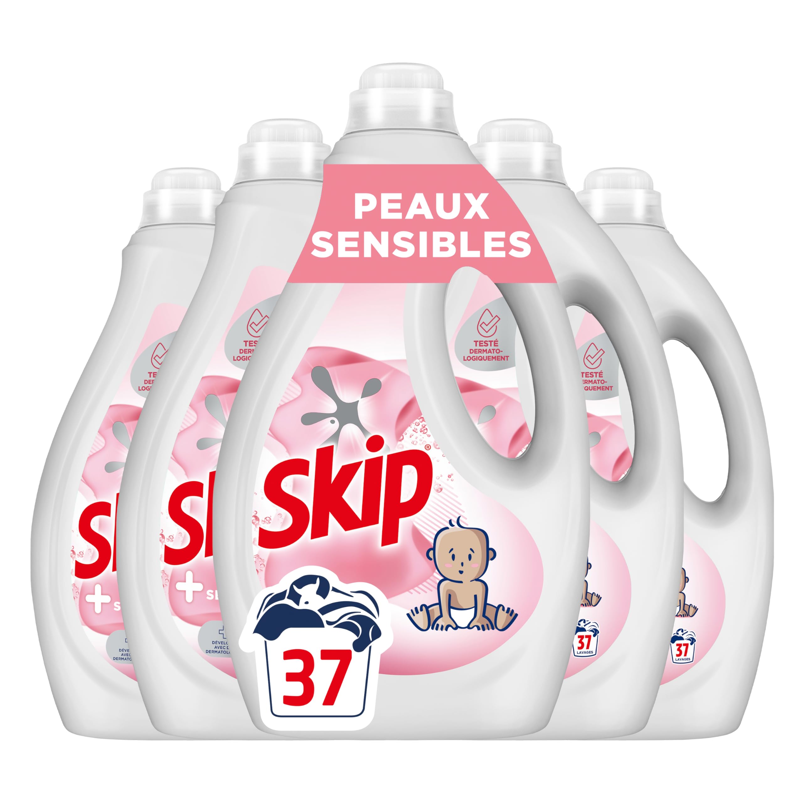 SKIP - Lessive Liquide Peaux Sensibles - Contre les taches tenaces - Parfum léger et agréable - Testée dermatologiquement - Lot de 5x37 lavages