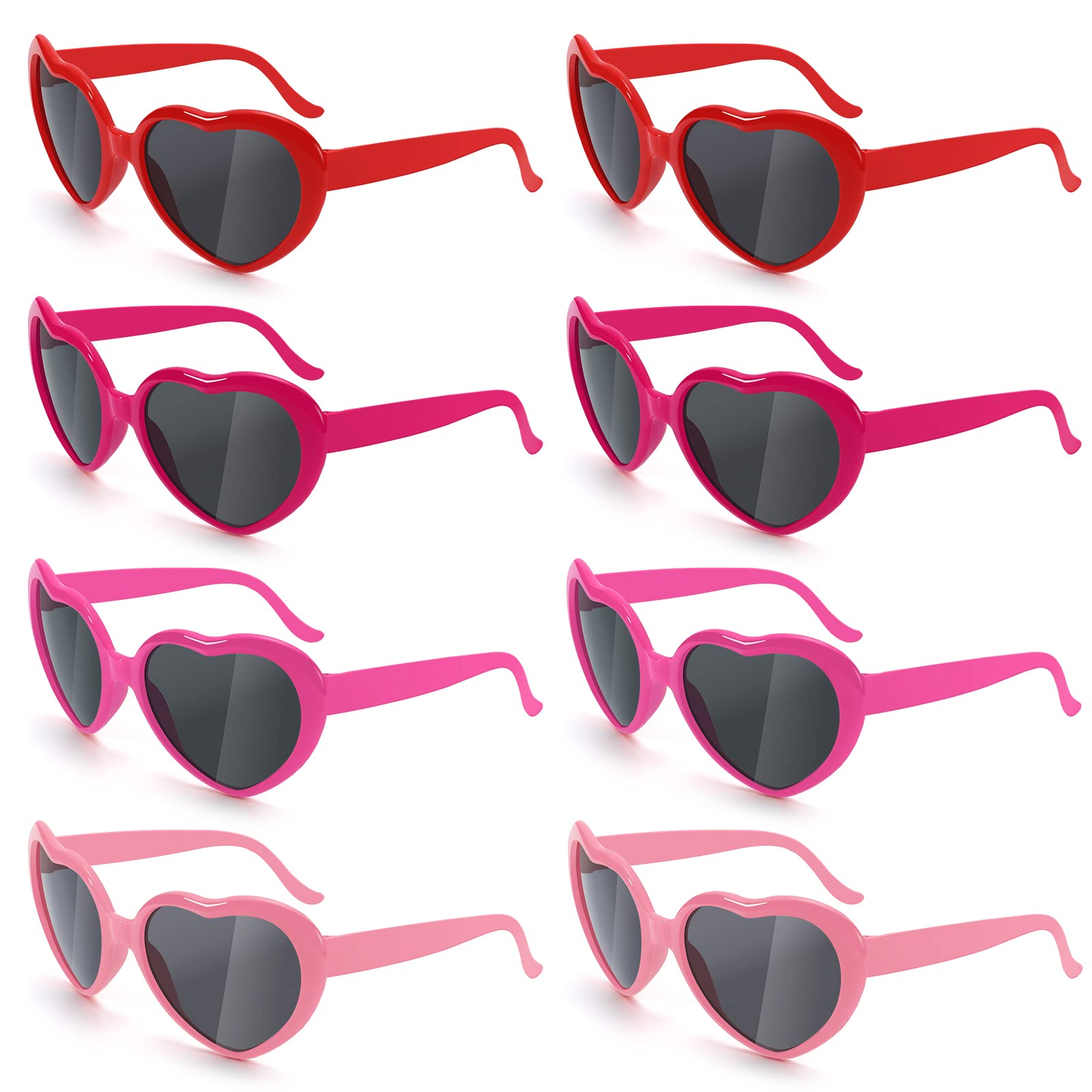 Flutesan 8-Piece Heart Shaped Sunglasses Set - Retro Red, Pink, Rose Red & Hot Pink - Vintage Framed Party Sunglasses for Women & Men