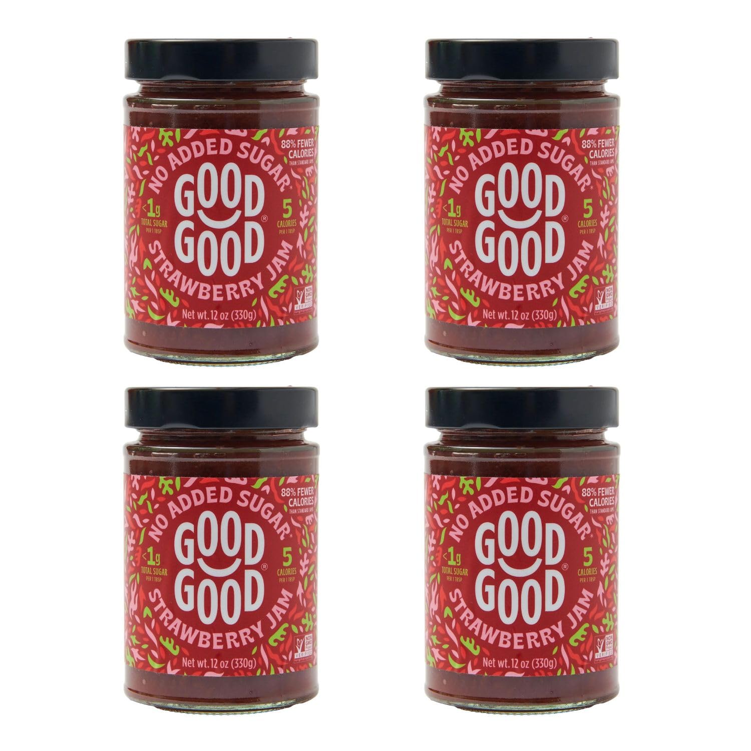 GOOD GOOD Strawberry Jam - No Added Sugar - Low Calorie - Gluten Free and Vegan - Diabetic and Keto Friendly - 12oz / 330g (Pack of 4)