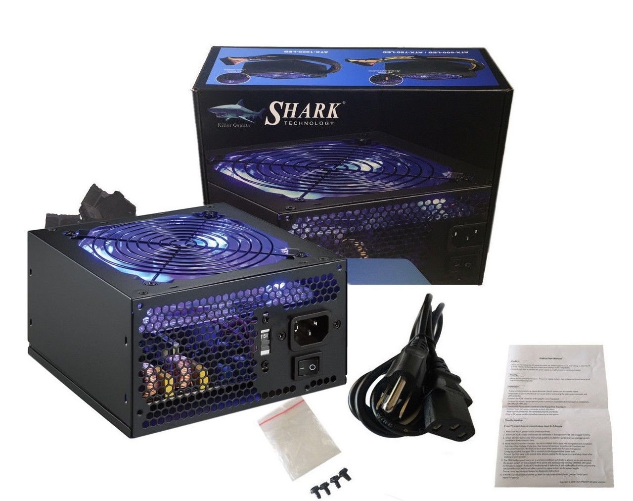 SHARK TECHNOLOGY® LED Series 600W Quiet 120mm Blue LED Fan 24pin ATX 12V 4/8-pin PC Power Supply Unit Retail Box with 5-Foot AC Cord and 4X Black Installation Screws