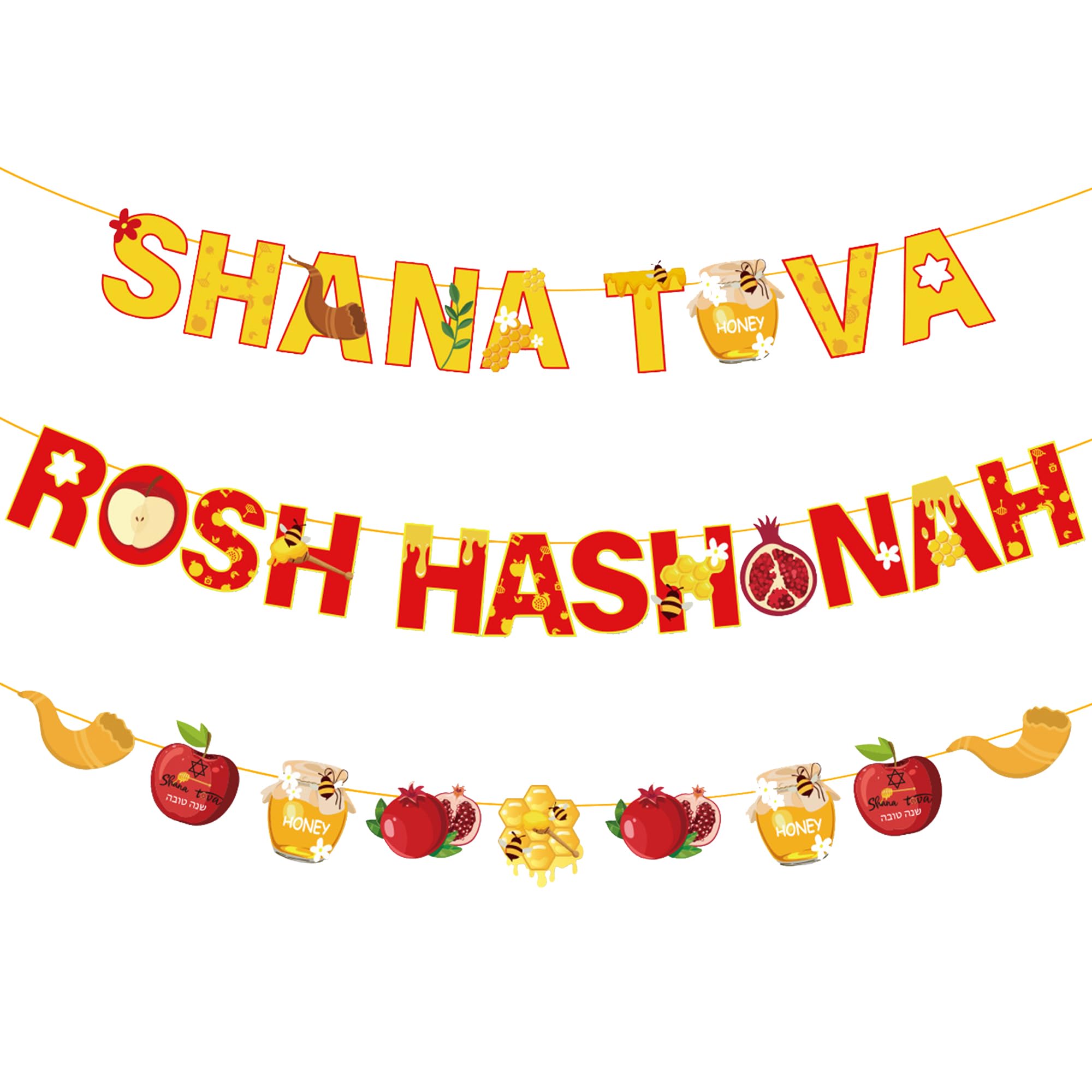 3 Pcs Rosh Hashanah Banner Shana Tova Banner Red and Gold Jewish New Year Bunting Garden Shofar Honey Apple Pomegranate Jewish Holiday Haning Decoration for Jewish High Holy Day Supplies
