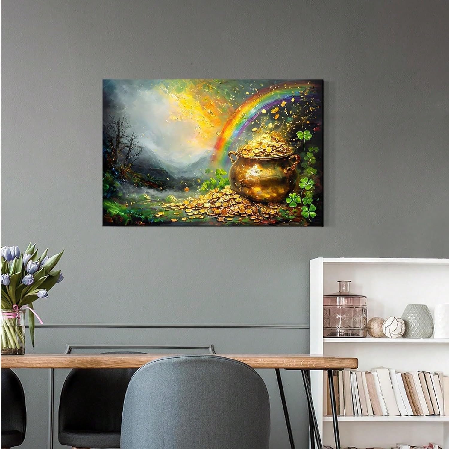 AIHNBF Topf voll Gold Regenbogen Leinwandbild - Glücksklee Schatz Landschafts-Druck für Wohnzimmer Deko, 30 x 45 cm