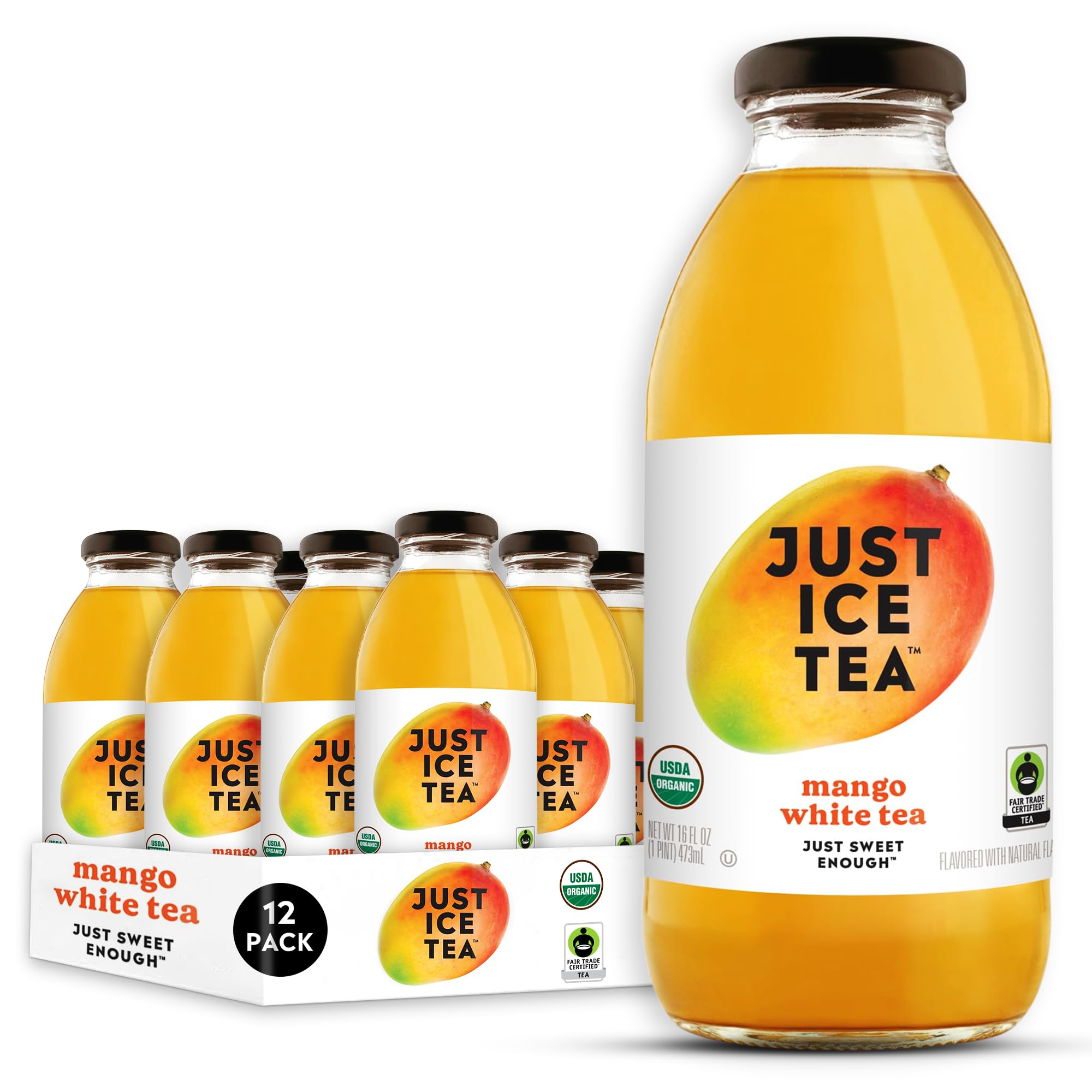 Just Ice Tea Organic Iced Tea, 16 Fl Oz Glass Bottles (Mango White Tea, Pack of 12)