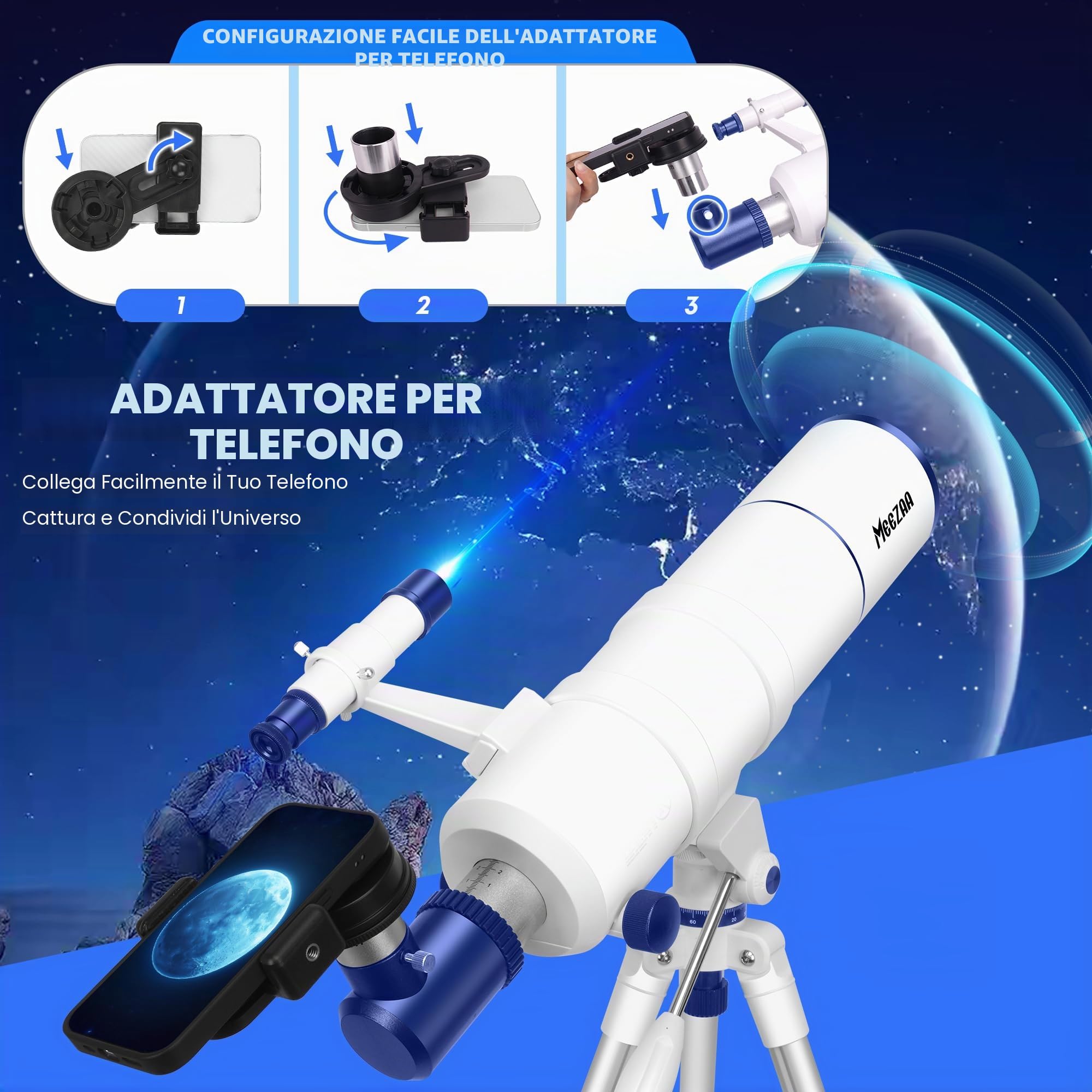 MEEZAA Telescopio, Telescopio Astronomico Professionale per Adulti e Bambini Principianti, 90 mm Apertura 550 mm Telescopi Riffrattore FMC con Treppiede Regolabile, Filtro Lunare & Borsa da Trasporto