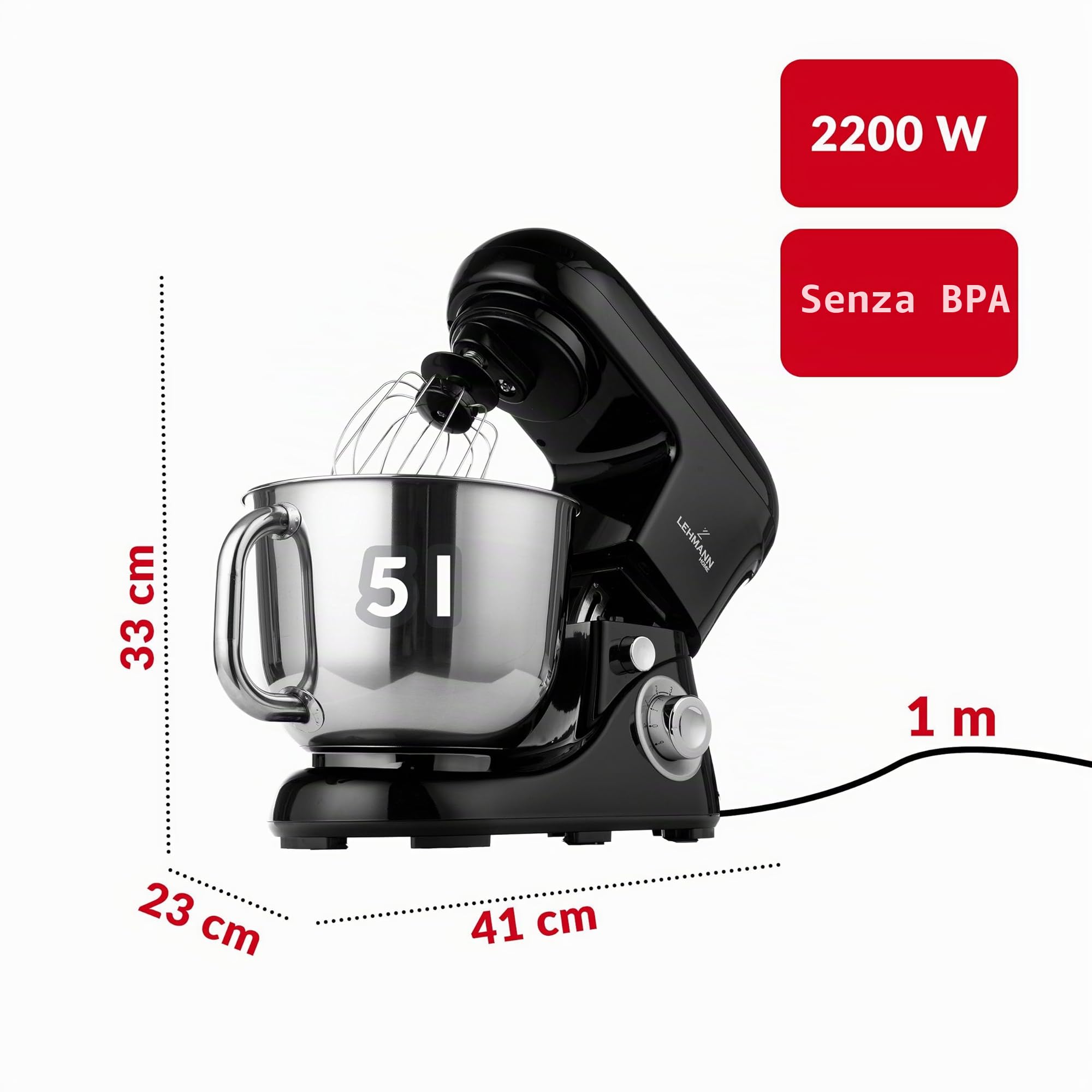 Lehmann Impastatrice Planetaria, 2200 W, Robot da Cucina Multifunzione Planetaria 5 Litri con Ciotola in Acciao Inossidabile, 6 Velocità, Pulse, 3 Ganci di Miscelazione