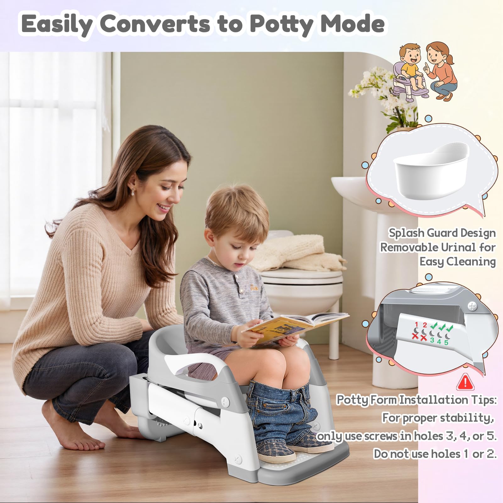 Riduttore WC Bambini con Scaletta, Multifunzione 3 In 1 Scaletta WC Per Water Bambini con Vasino Removibile, Paraspruzzi Estesi Regolabile e Pieghevole Sgabello Antiscivolo, Adattatore per Bambino