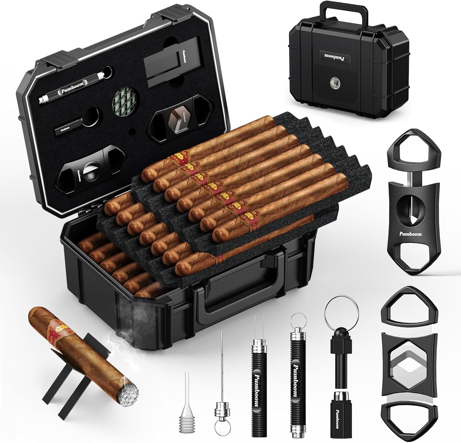 Travel Cigar Humidor Case, Humidor Cigar Box, Cigar Case with Cigar Accessories V Cutter, Straight Cutter, Cigar Holder, Cigar Punch, Nubber, Travel Humidor Cigar Gifts for Men, Cigar Travel Case Kit