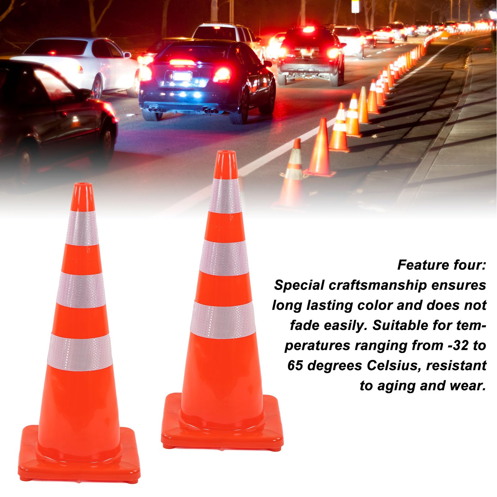 Traffic Cones, 6Pcs Traffic Cones Weather Reflective Square Base Road Cones for Parking Lot Camping Red (36in / 91.44cm Without Handle)