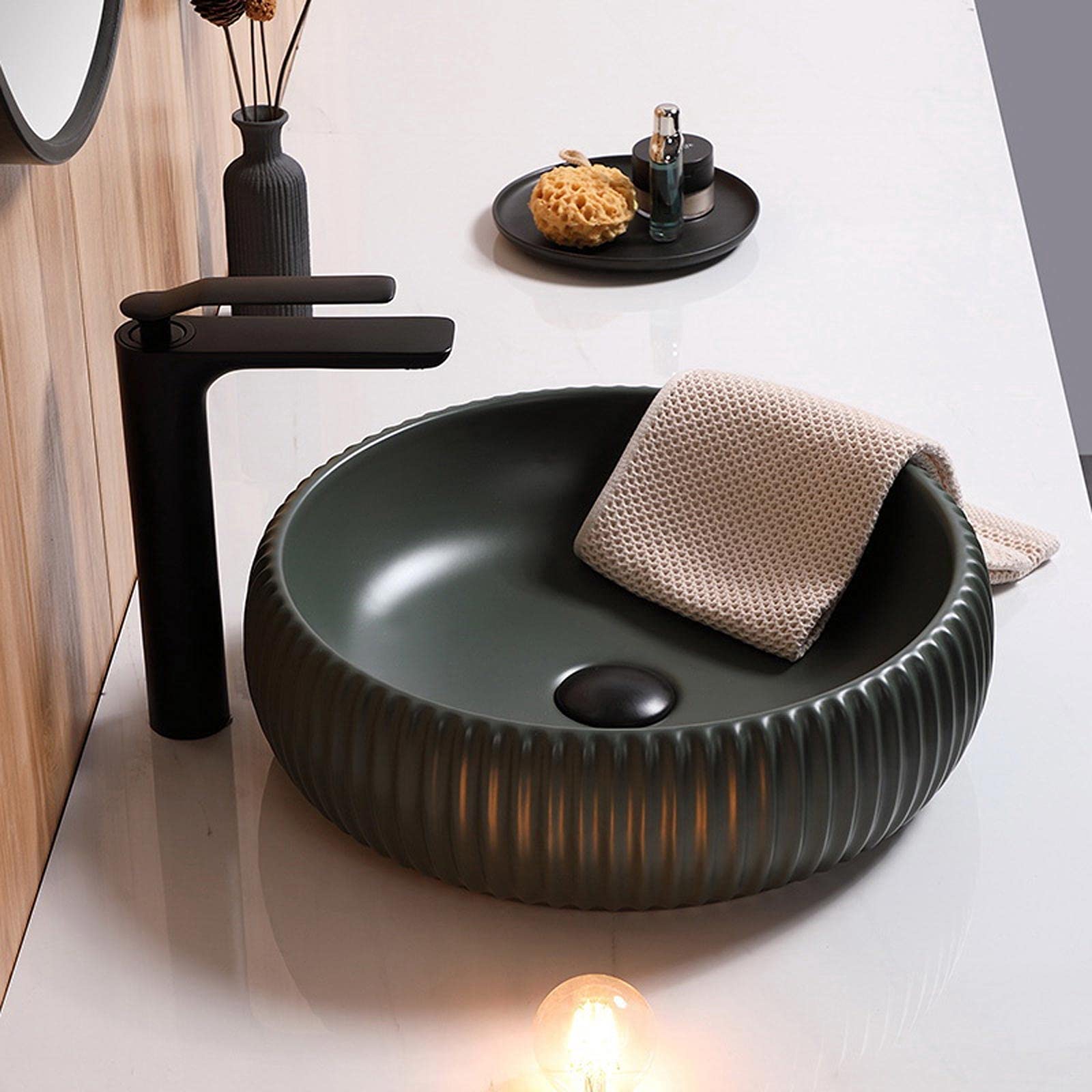 Lavabo De Baño Lavabo De Sobreponer De 15,7 X 5,1 Pulgadas, Lavabo De Porcelana Redondo De Color Verde Oscuro, Lavabo De Cerámica para Baño,B-One Size