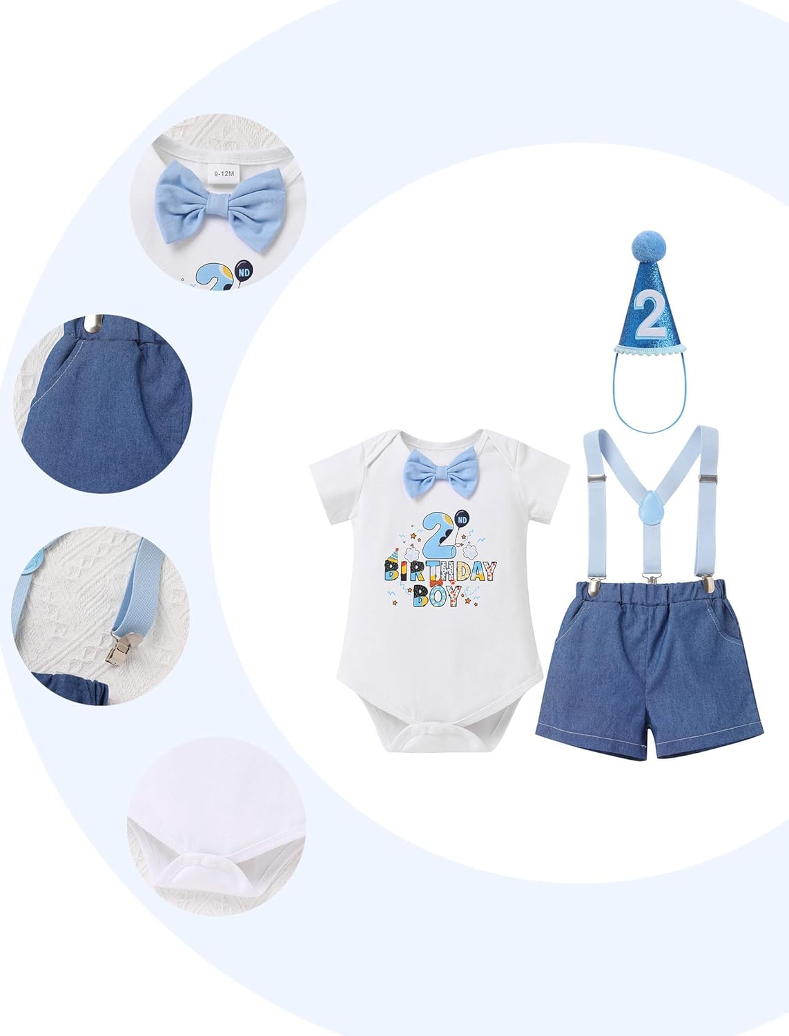 IMEKIS Baby Boys 1st 2nd Birthday Outfit Blue Bowtie Romper Suspenders Hat 3PCS Sets Cake Smash Photo Shoot - Image 3