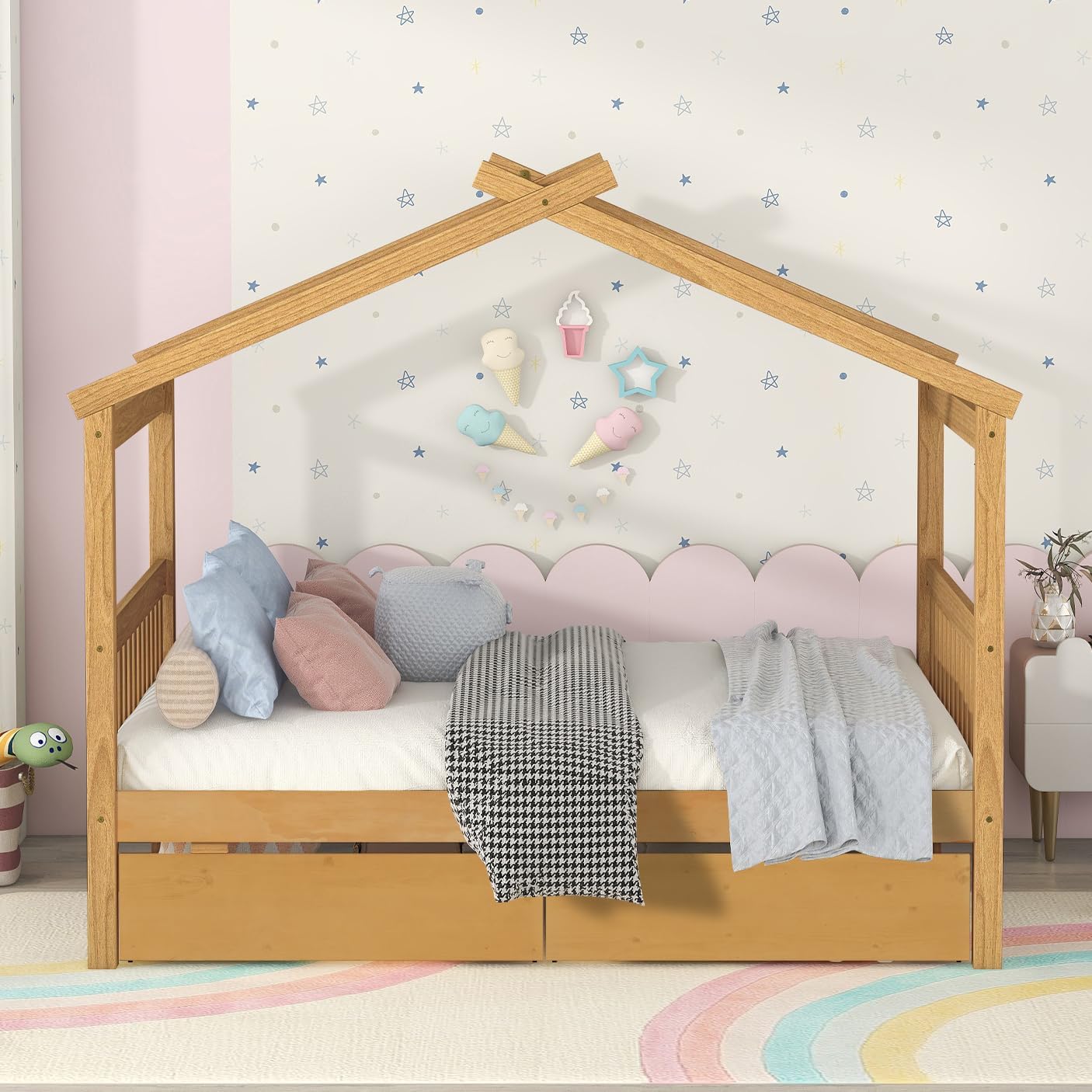 Merax Full Size Wooden House Bed with Two Drawers, Wood Bed Frame with Roof for Kids, Teens, Boys or Girls, Natural