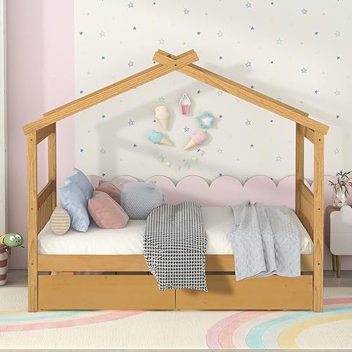 Miniatura 86 de Merax Cama de madera de tamaño individual con dos cajones, marco de cama de madera con techo para niños, adolescentes, niños o niñas, gris