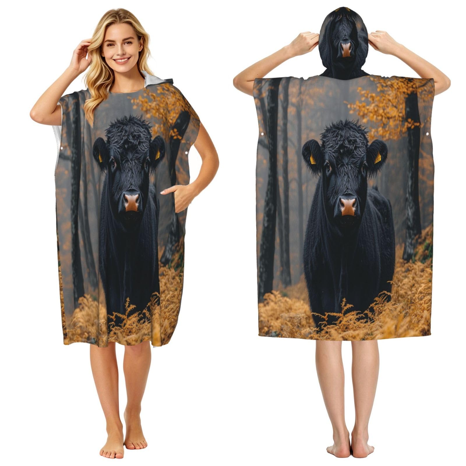 KLGRTJHK Black Bull Adult Hooded Beach Poncho Towel 43"X35"